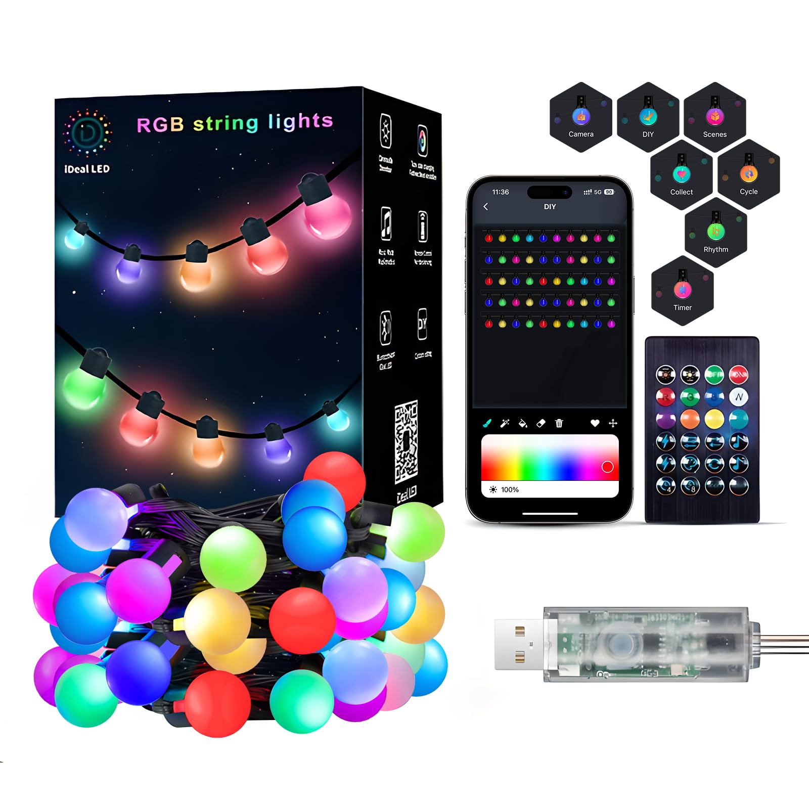 Super Rgb 33Ft Smart Globe String Lights, 50 Dimmable Rgb Mini Led Fairy Lights, Color Changing Effect Hanging With App & Remote Control For Halloween Christmas Indoor Outdoor Patio Room Party Decor