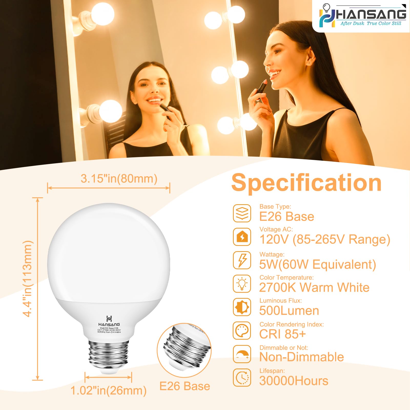 hansang G25 LED Vanity Light Bulb 5W 2700K Soft White E26 Base 4 Pack - Non-Dimmable Decorative Globe Bulbs for Bathroom/Vanity