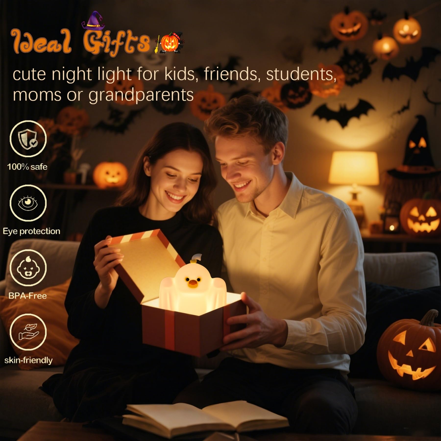 YR YRHH-PET Ghost Duck Night Light - Rechargeable Dimmable Silicone Lamp for Kids, Halloween Decor, Model A062