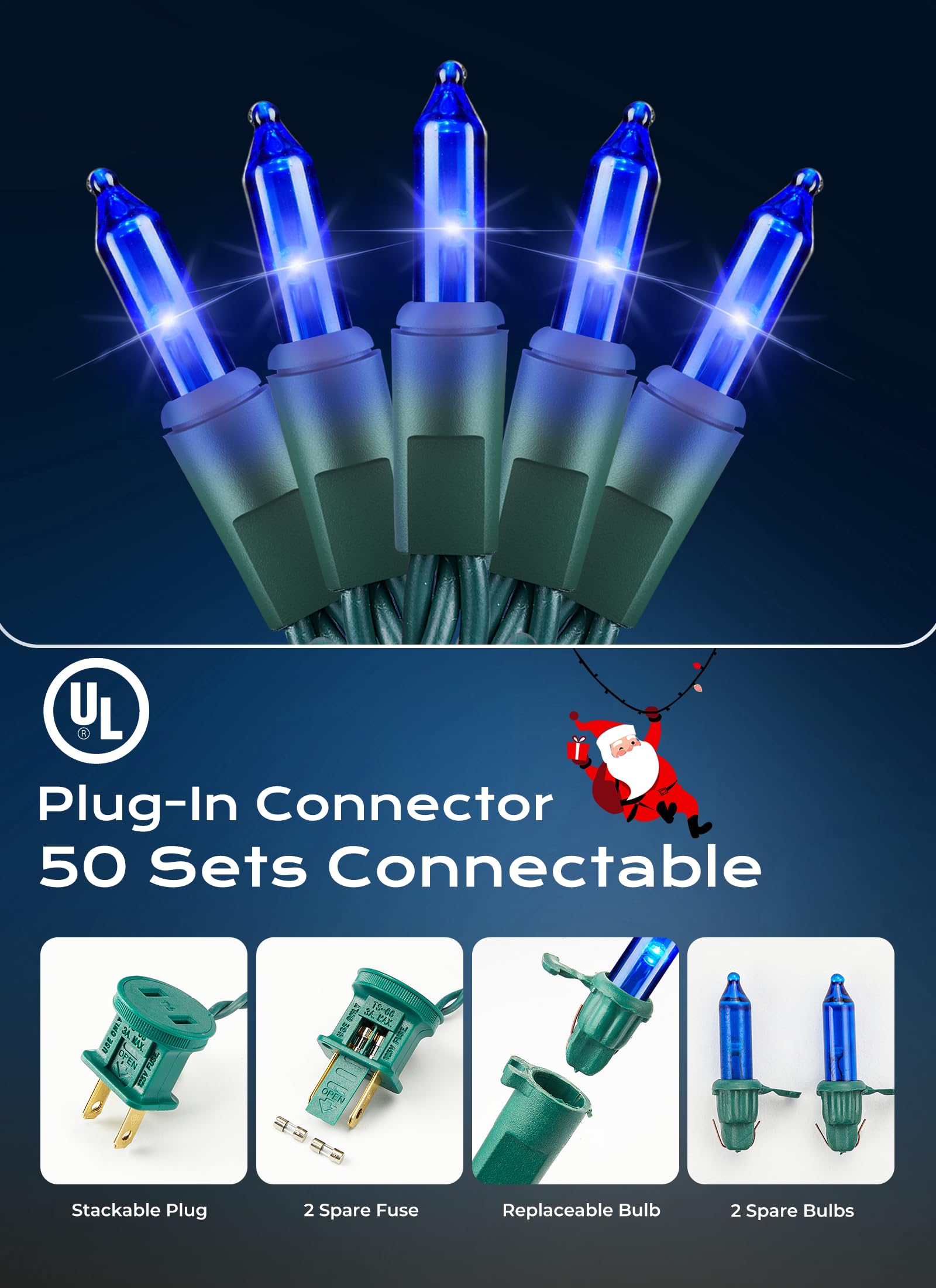 Minetom LED Blue Christmas String Lights, 100 Count, 33 ft, Indoor/Outdoor Holiday Decor, Plastic Bulbs, Blue-Green Wire
