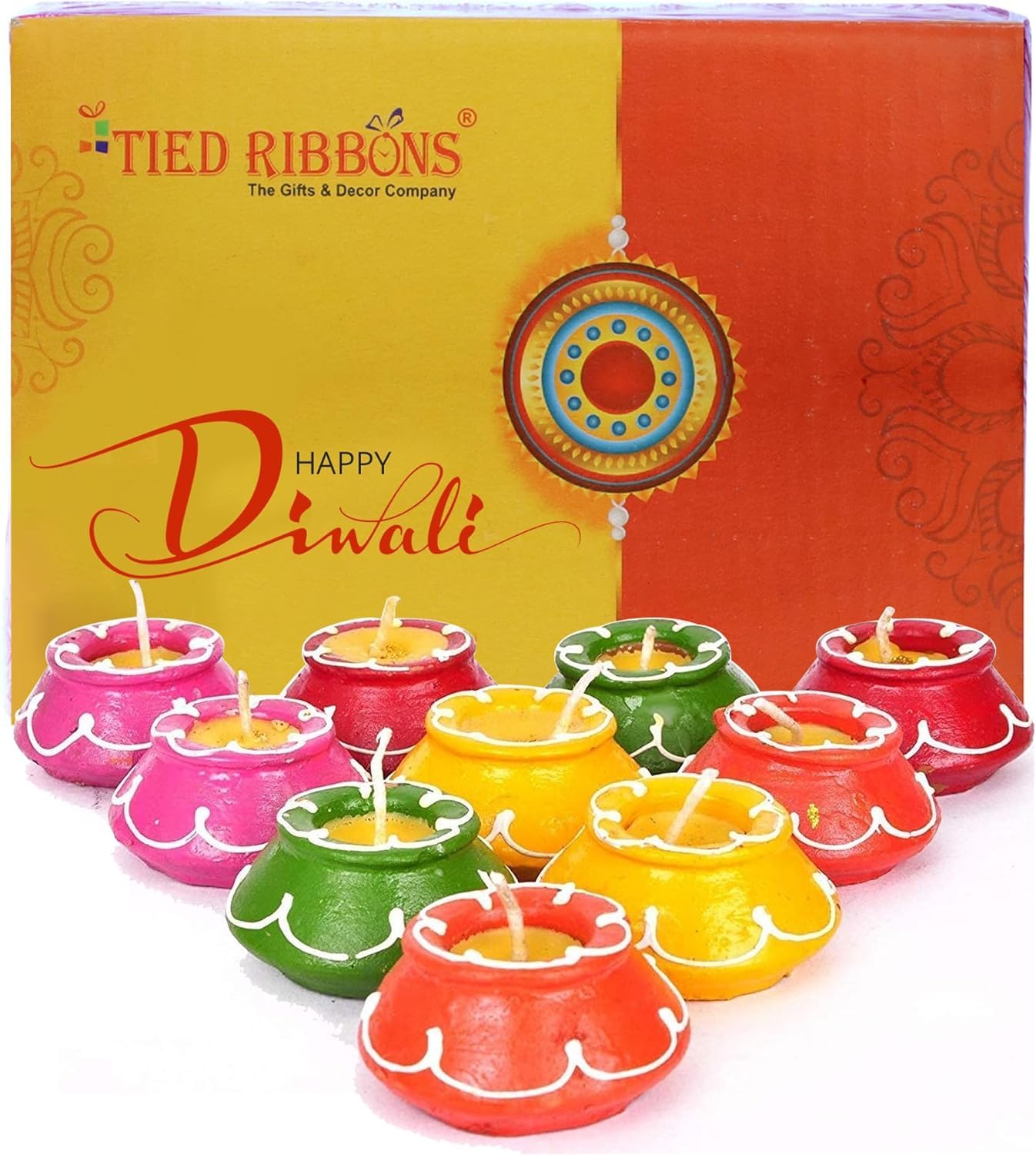 TIED RIBBONS 12 pcs Handmade Clay Diya for Diwali, Wax Filled | Traditional Homemade Diyas Tealight | Indian Oil Lamp | Pongal Decorations for Home | Terracotta Diyas | Matki Diya | Diwali Diya