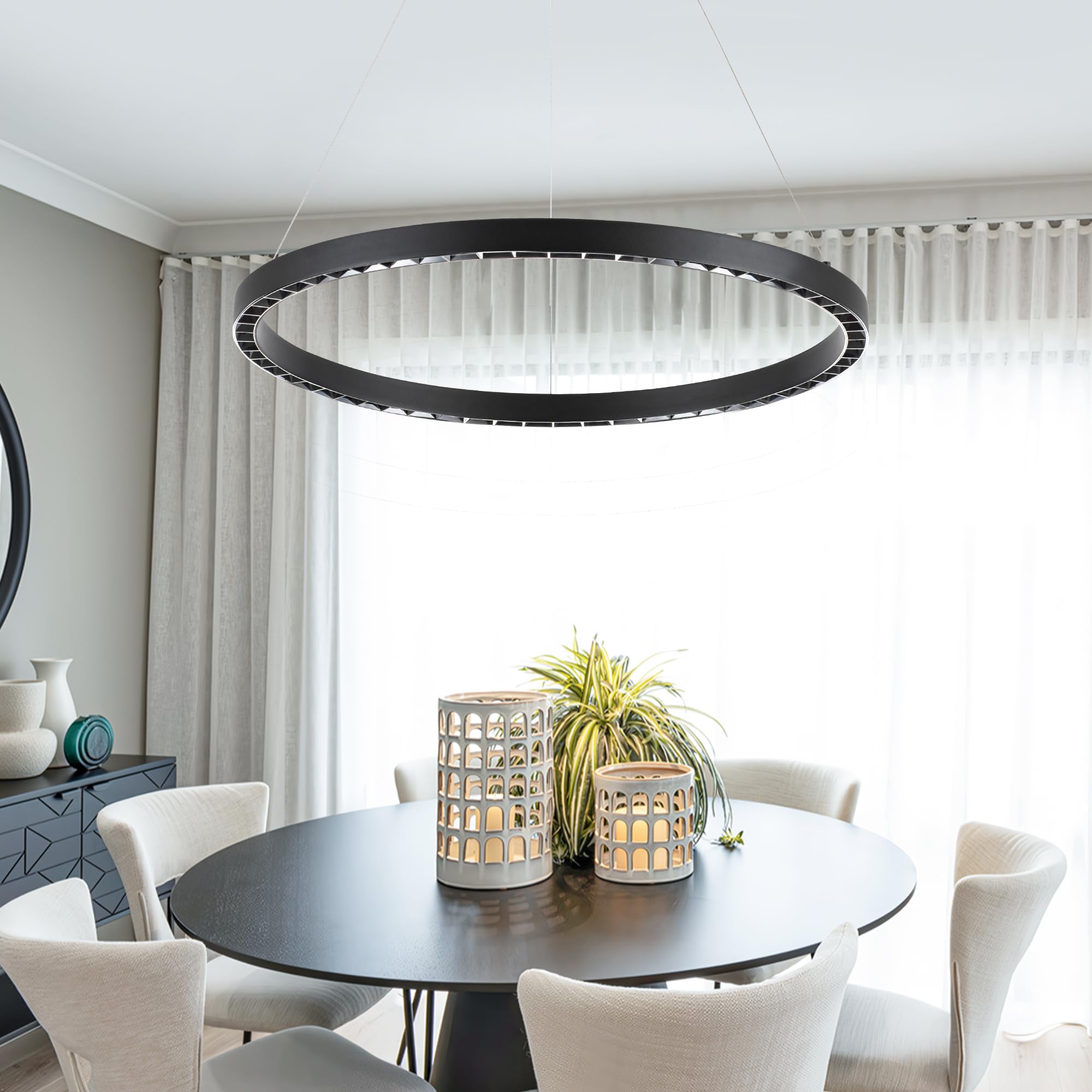 Sunmoo Black Modern Led Chandelier 1-Ring Circular Pendant Light 6000K 36W Dimmable Hanging Light Fixtures For Dining Room Kitch