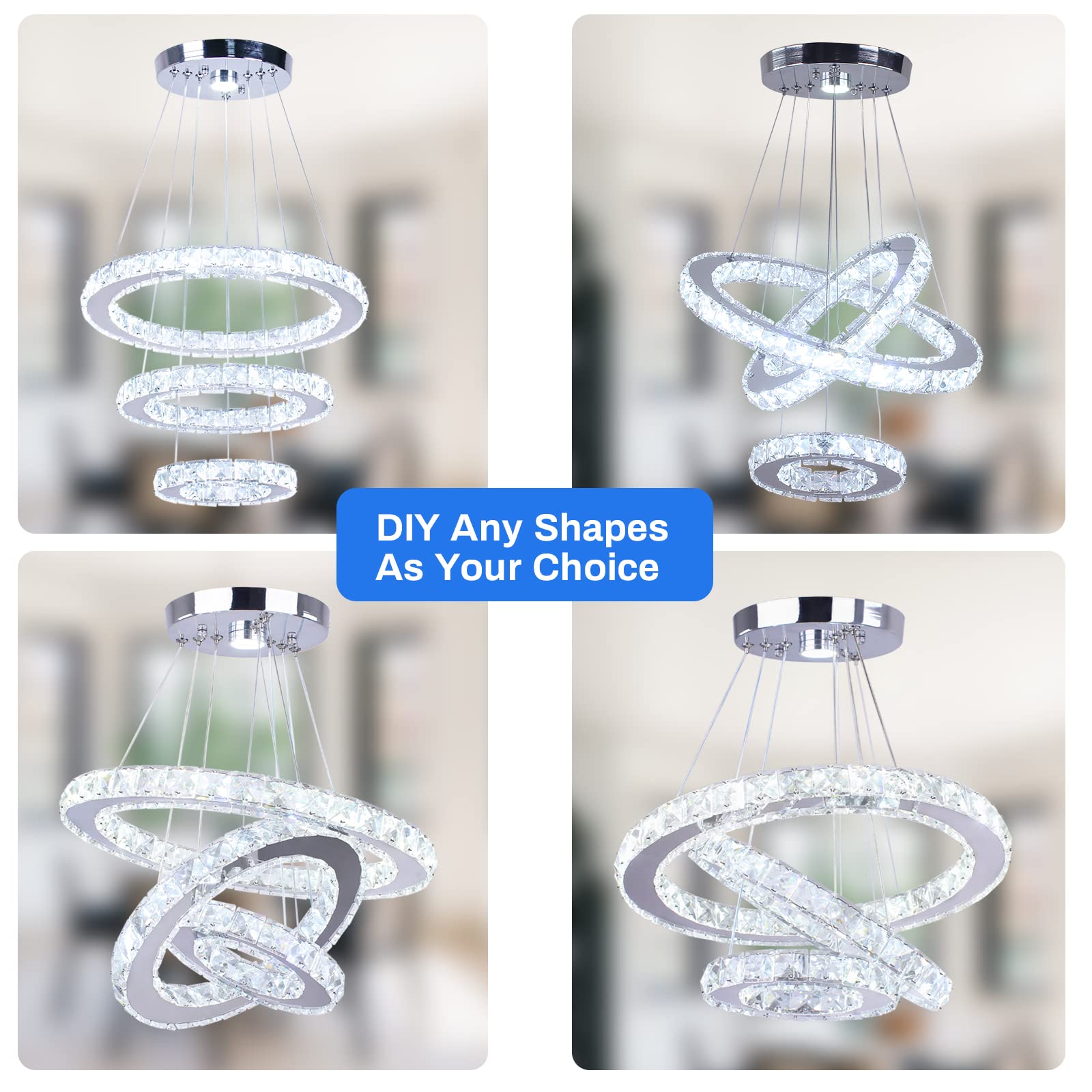 Cainjiazh Modern Crystal Chandelier 3 Rings LED Fixture Adjustable Ceiling Light for Dining Room, Bedroom, Living Room - Cool White, Model US-234YXDD-White
