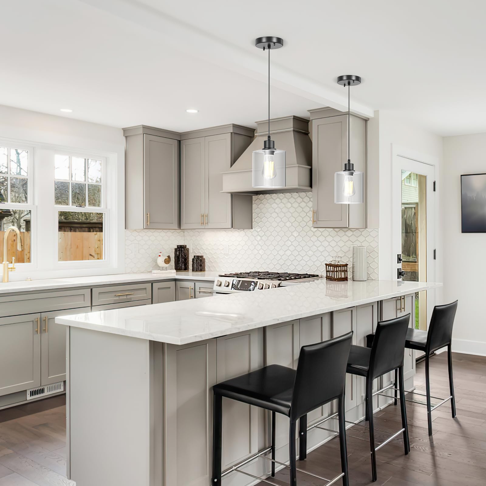 Pendant Light Kitchen Island Lighting 2 Pcs, With Bulb & Clear Glass Shade - 59 Inch Hanging Cord Farmhouse Hanging Lighting Fix