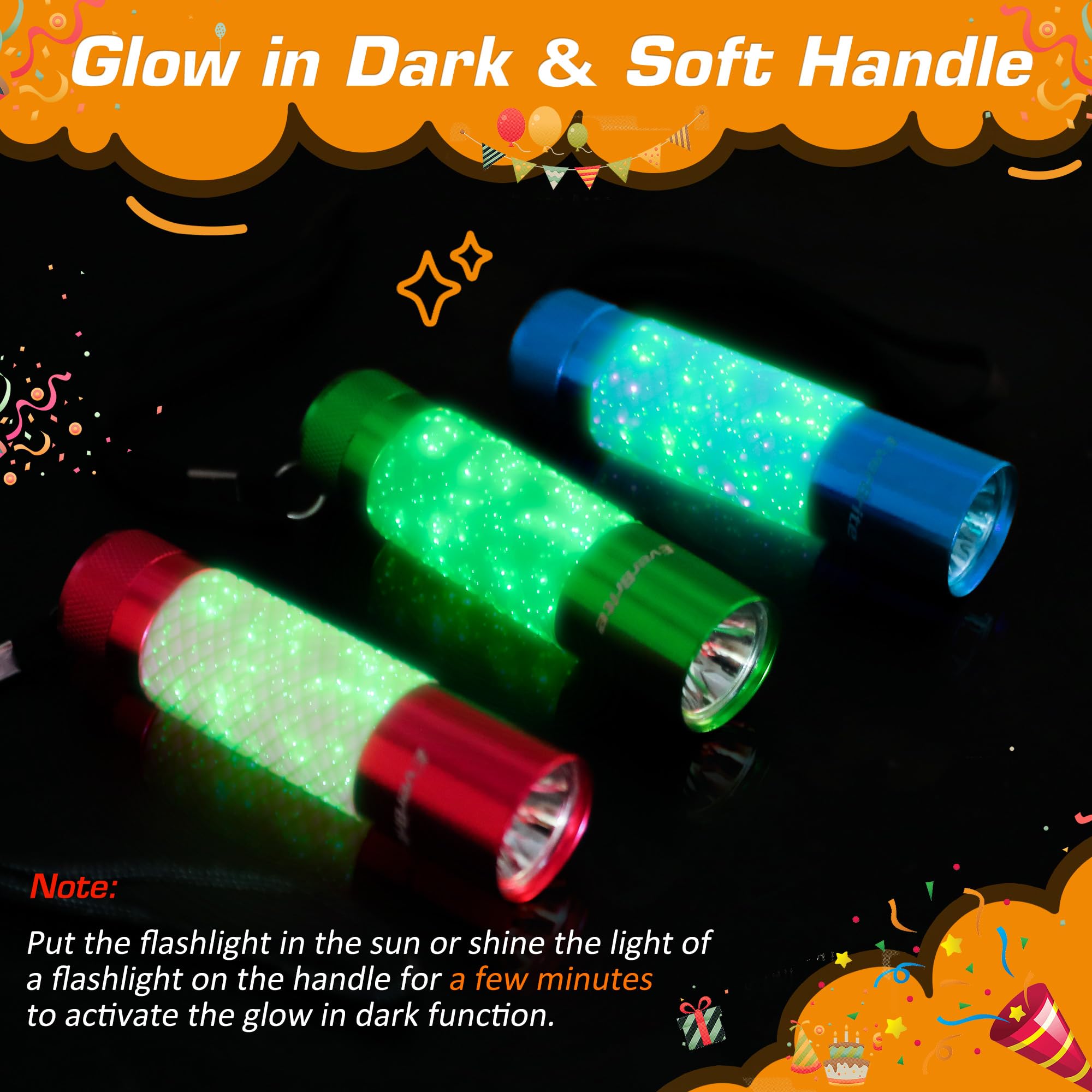EverBrite Mini Flashlights 3-Pack - Glow in Dark LED, Aluminum, Assorted Colors (Blue, Green, Pink), Model E000084, Batteries Included