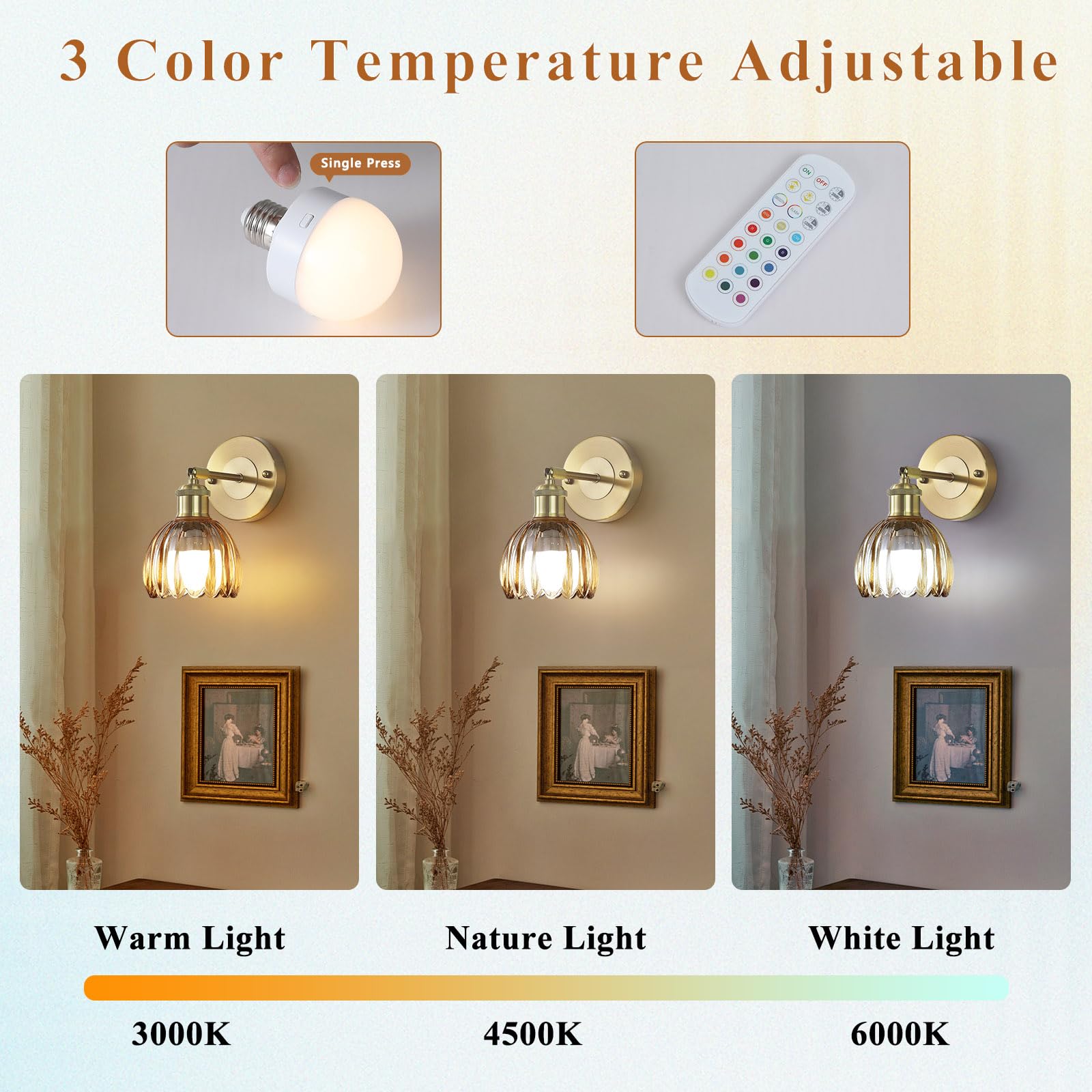 Vintage Battery Operated Wireless Wall Sconces, Rechargeable Gold Wall Lights, Amber Tulip Glass Lampshade With Remote Dimmable