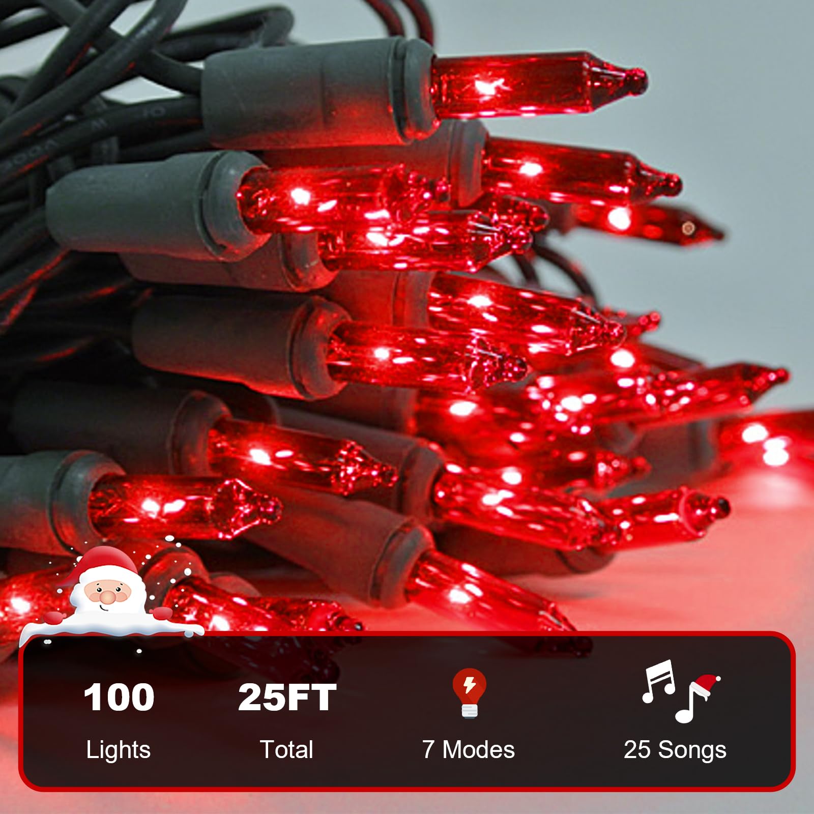 LAMPHOME Musical Christmas Lights, 100 Lights, 23.7ft, UL Certified, Red, Model HPI-100-2/SB