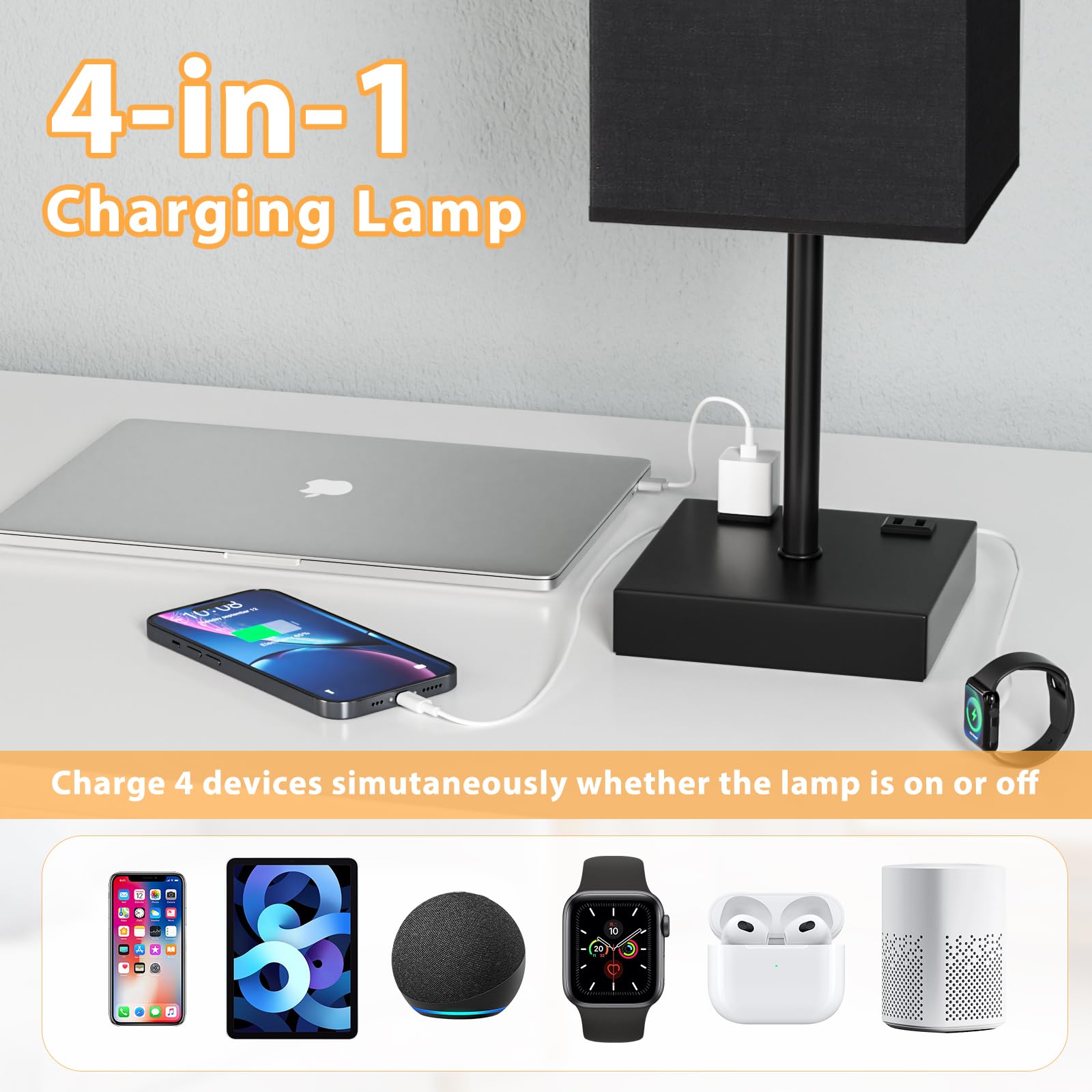 Plus Black Bedside Lamp For Nightstand - Touch Table Lamp With Type C + A And Ac Outlet, Square Charging Lamps For Bedroom Decor