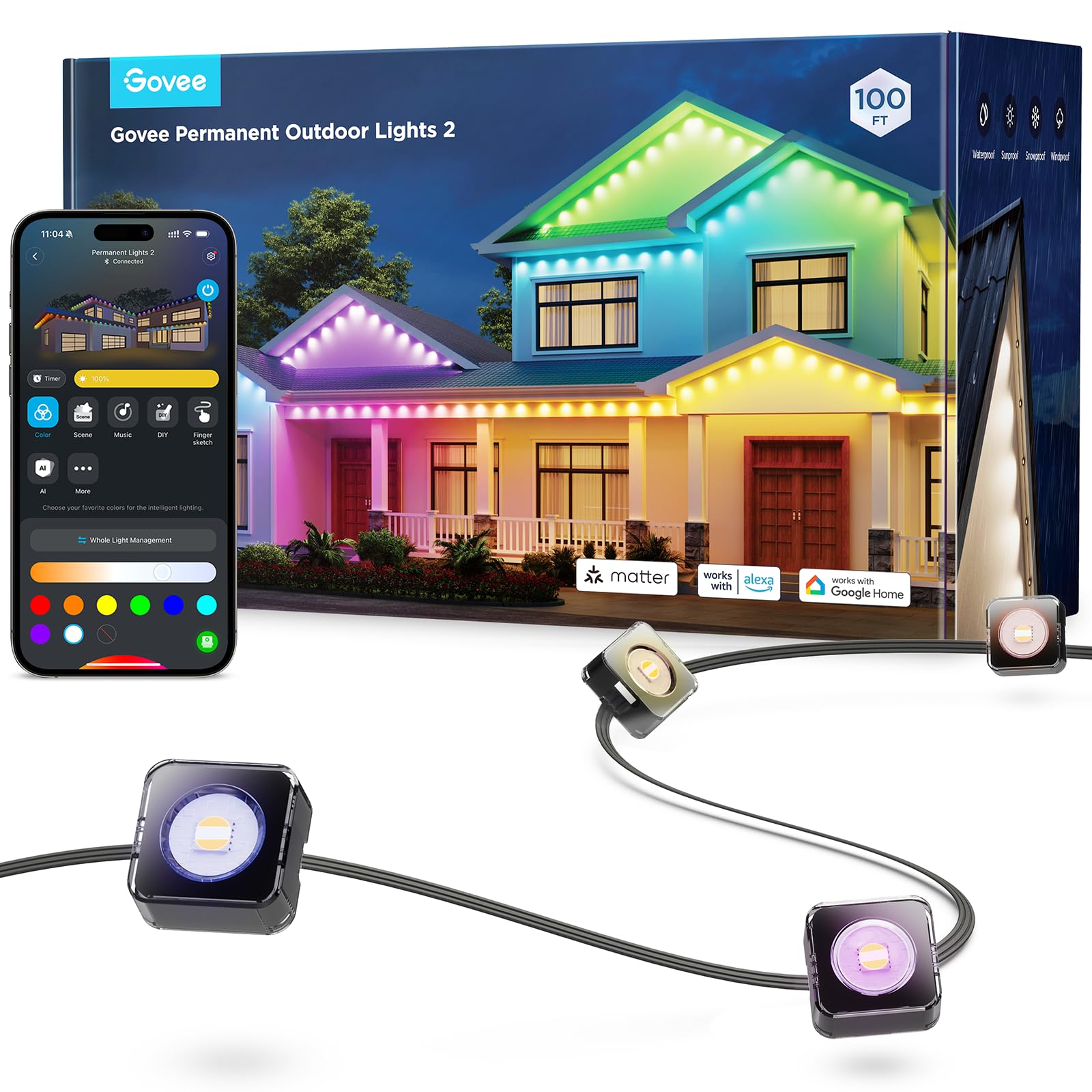 Govee Permanent Outdoor Lights 2, 100ft RGBIC Outdoor Lights with 72 LED Lights, IP67 Waterproof, 100 Scene Modes with 40lm White for Christmas Decorations, Works with Alexa, Google Assistant, Black