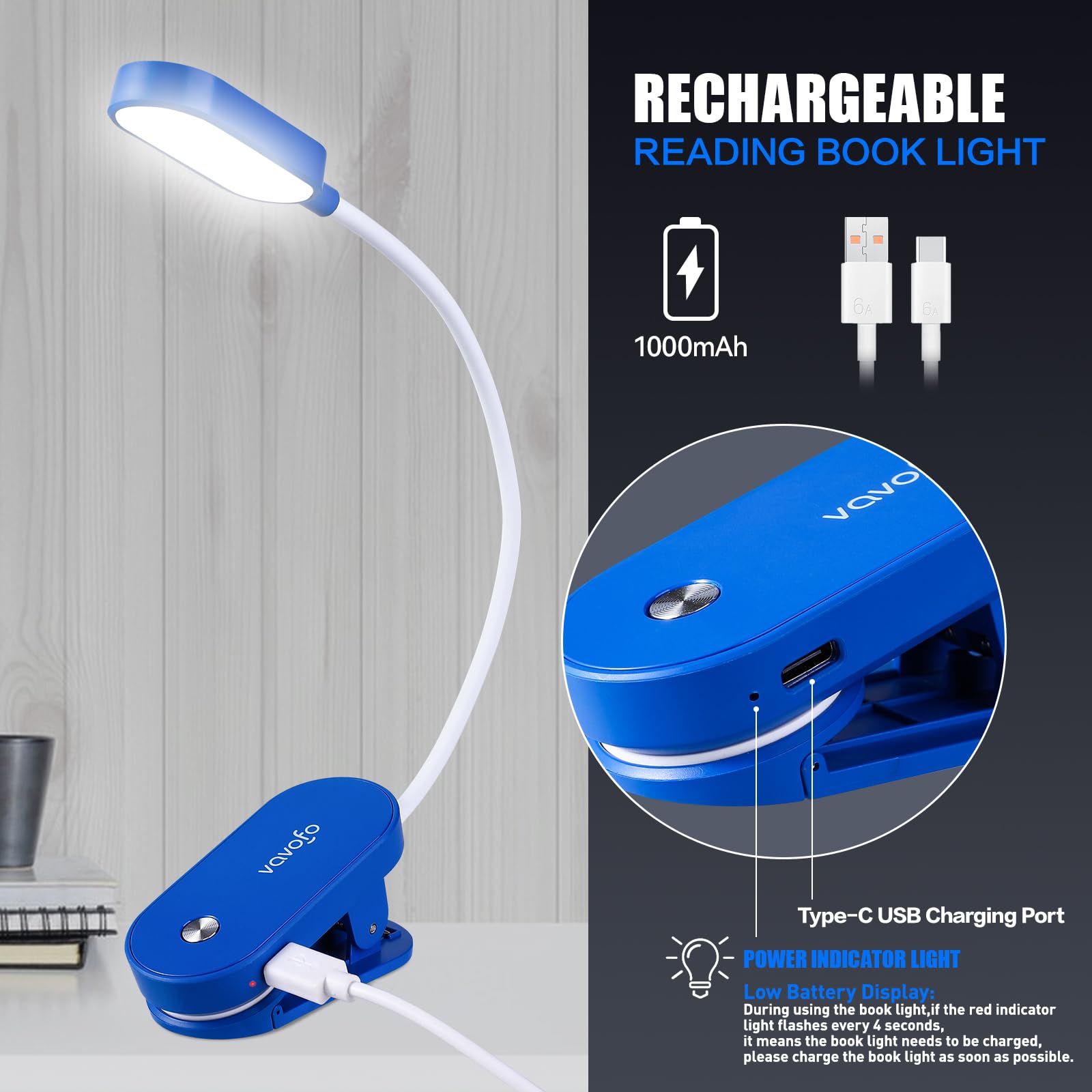 VAVOFO Rechargeable Book Light, 14 LEDs Eye Care Clip On, 9 Colors, 9 Brightness Levels, Blue, Model KM-6775