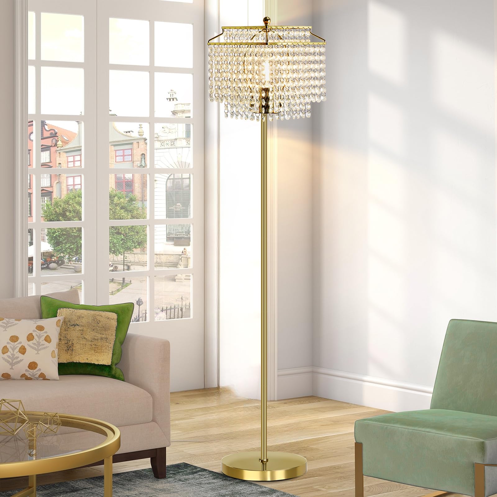 Luvkczc Crystal Floor Lamp, Elegant Gold Double-Layer Lampshade, On-Off Foot Switch, Includes 8W LED Bulb