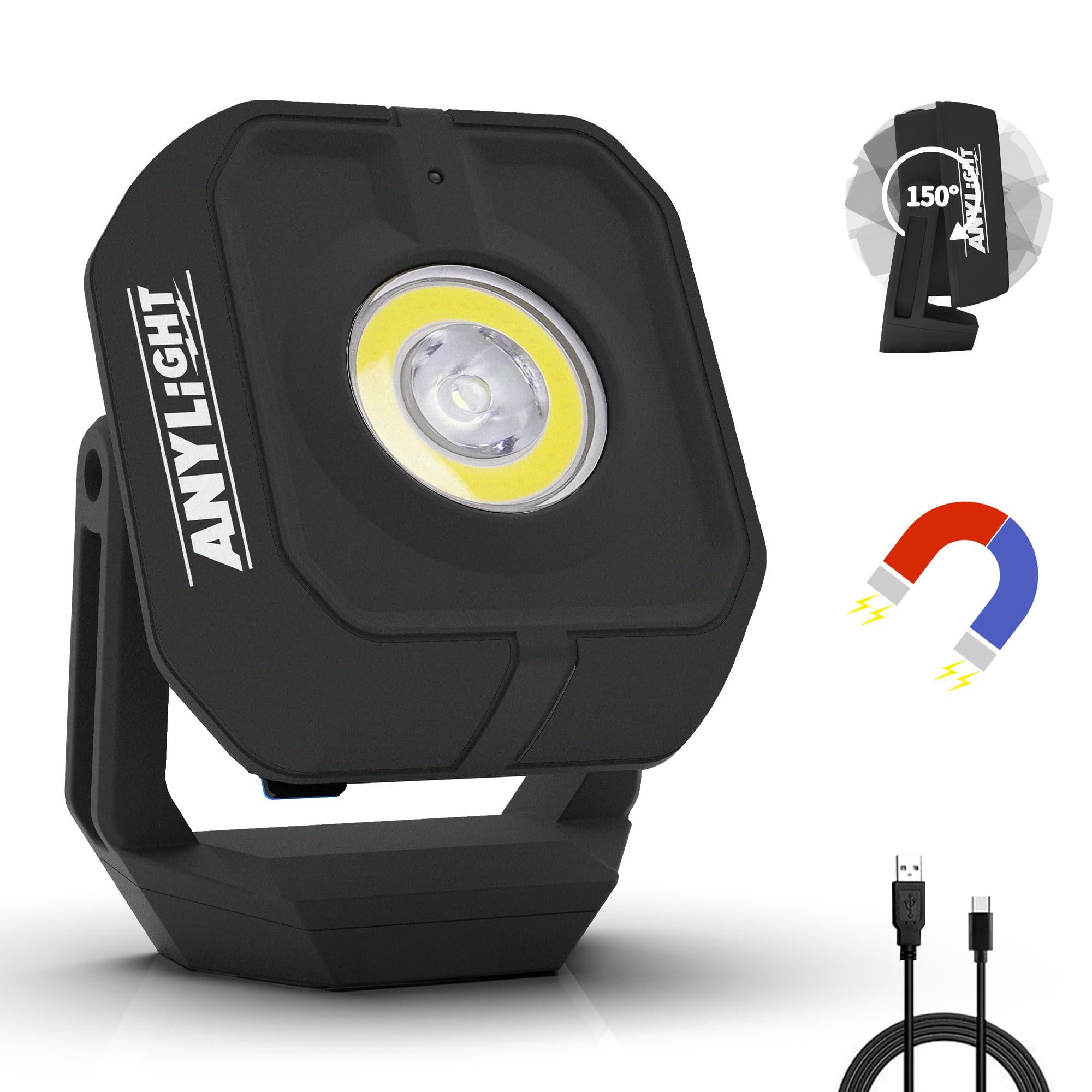 Anylight LED Work Light, 1200LM Portable COB Magnetic, IP65 Waterproof, 3350mAh Rechargeable, 1 Pack, Black, Model 4081