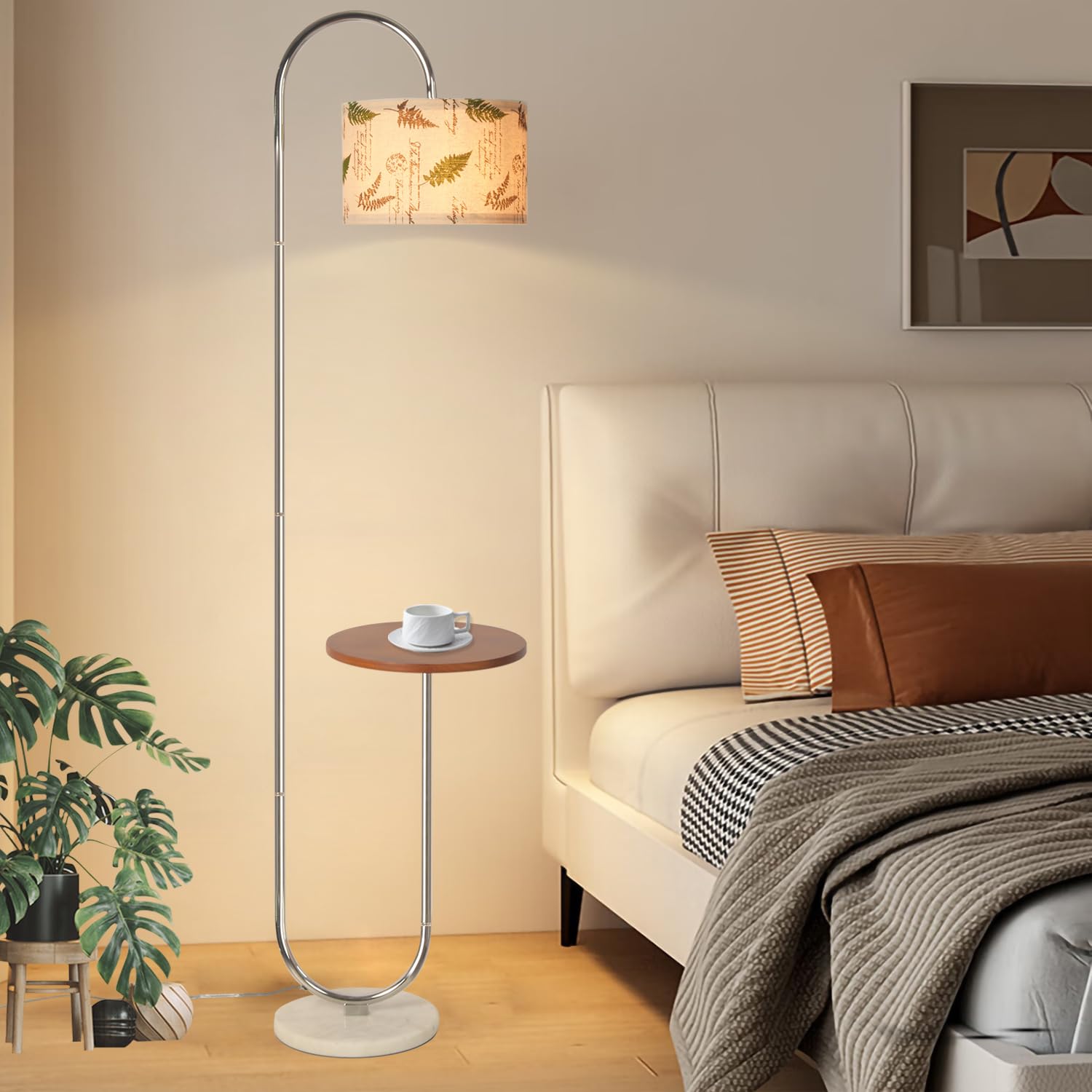 Hsyile Arc Floor Lamp with Marble Base, Chrome Finish, Hanging Drum Shade, Model KU296297