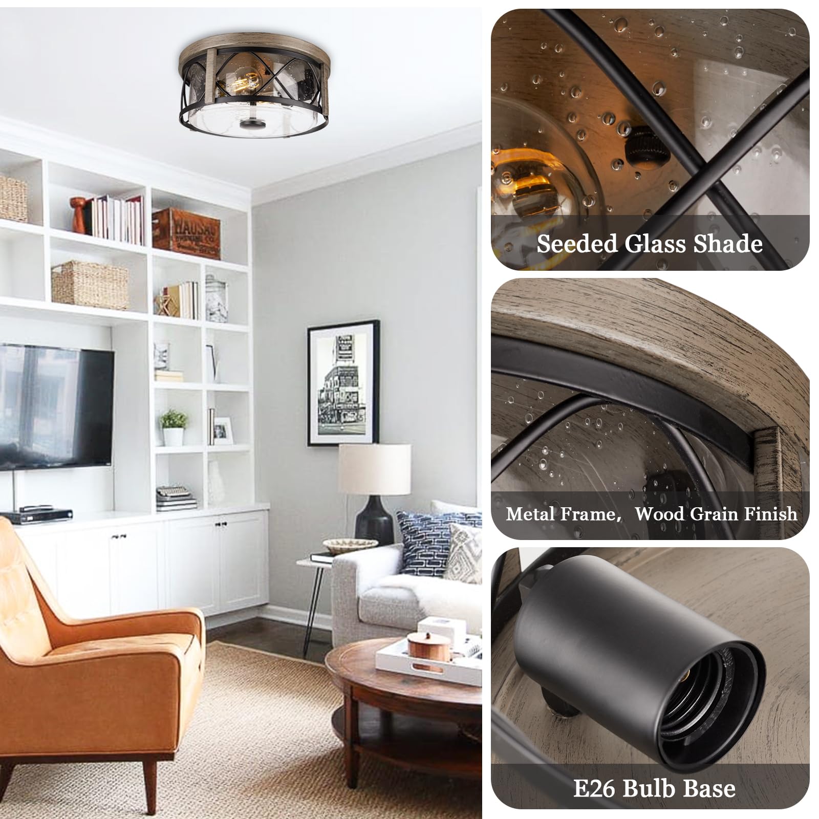 Rosient Rustic Flush Mount Ceiling Light, Wood Grain Metal Cage With Seeded Glass, Farmhouse Design