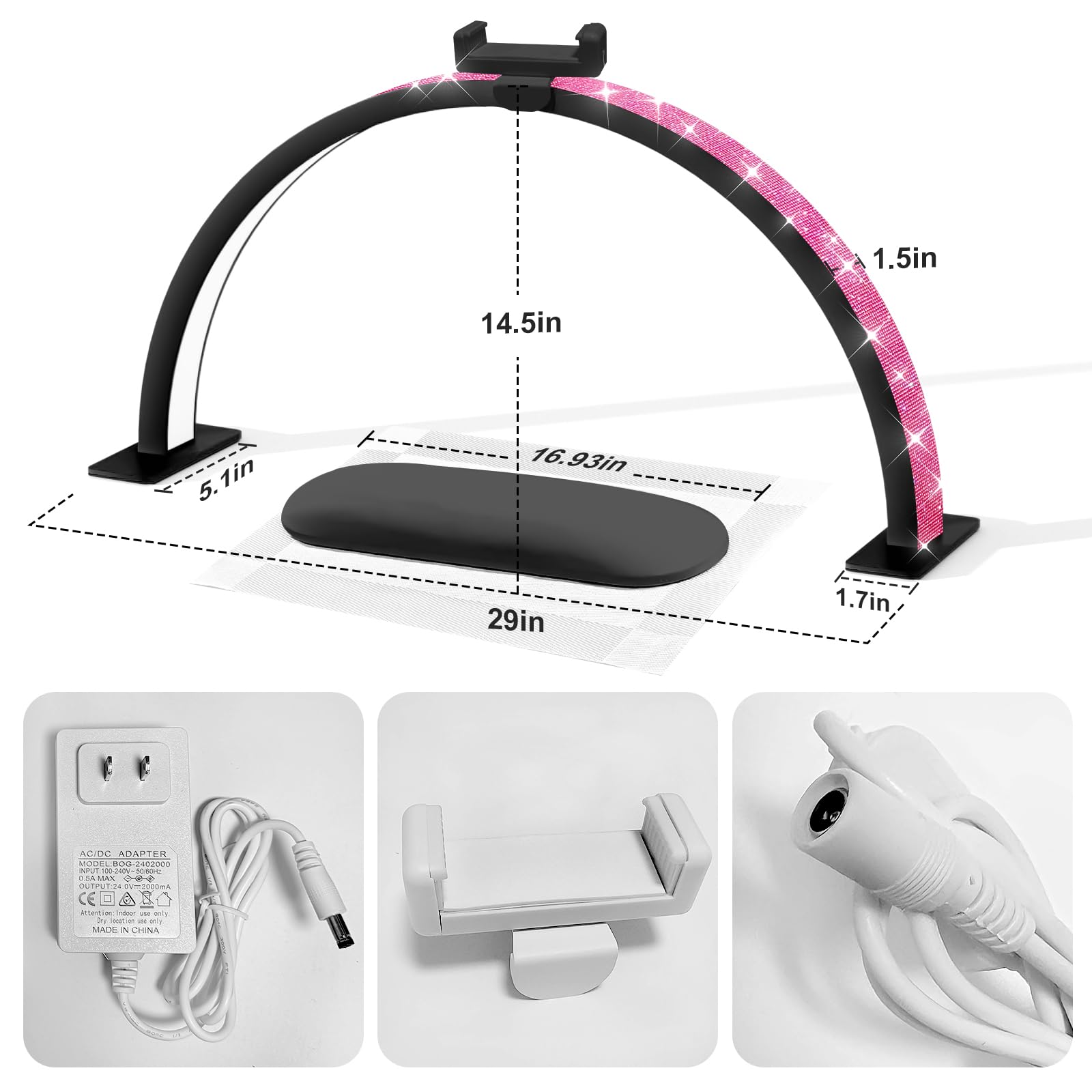FFKJDM Half Moon Light for Nail Desk - 29-inch LED Nail Tech Lamp with Hands Pillow, Phone Holder,Dimmable Arch Design,48W Porta