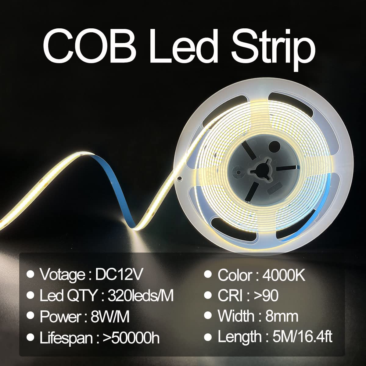 Hamrvl Cob Led Strip Lights Natural White 4000K,Dc12V 16.4Ft/5M 320Leds/M Cri90 Flexible Led Tape 8Mm, For Indoor Home Cabinet,B