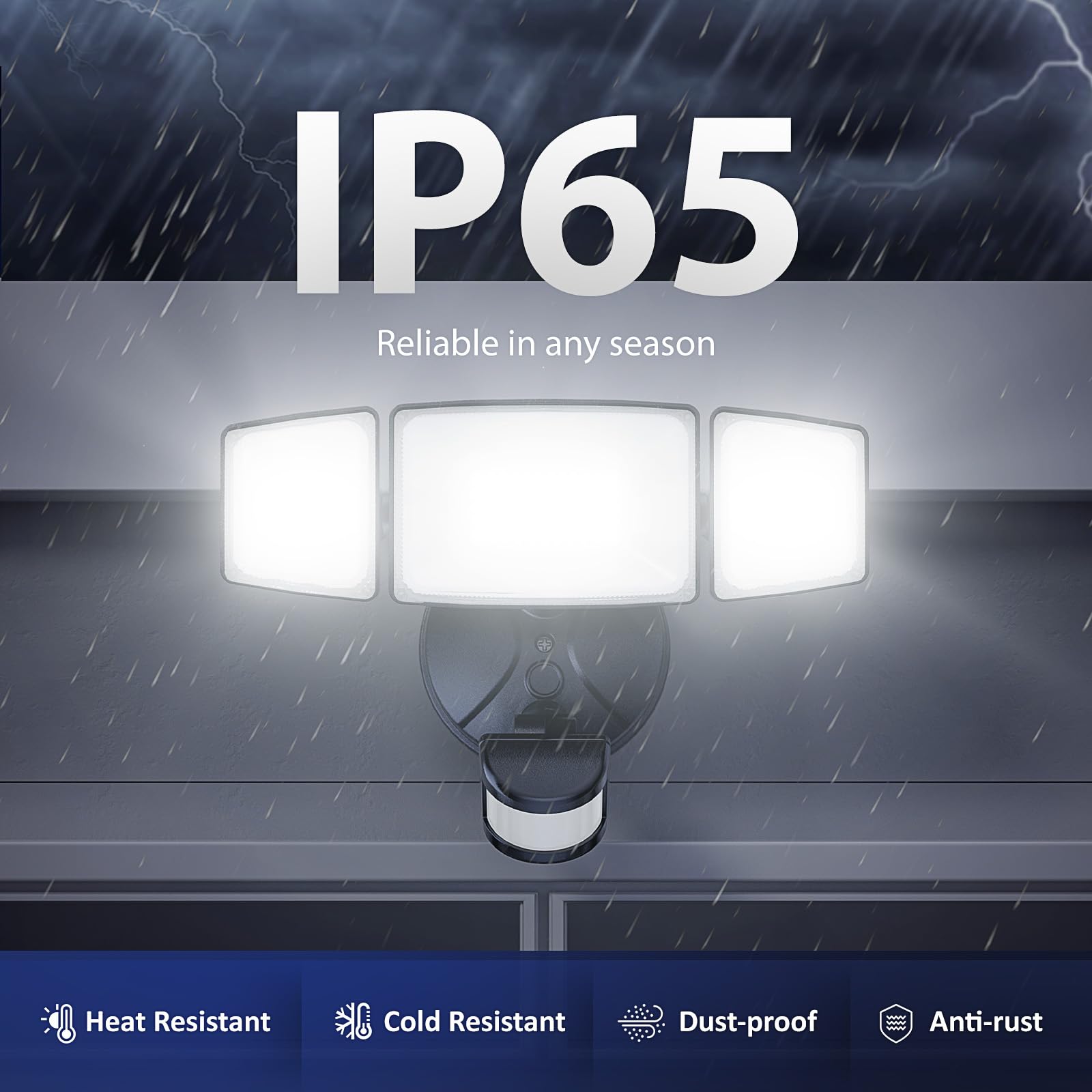 Onforu 65W LED Security Light - Motion Sensor, 6500LM, IP65 Waterproof, 3-Head Adjustable, Black, Model BDB65G-3
