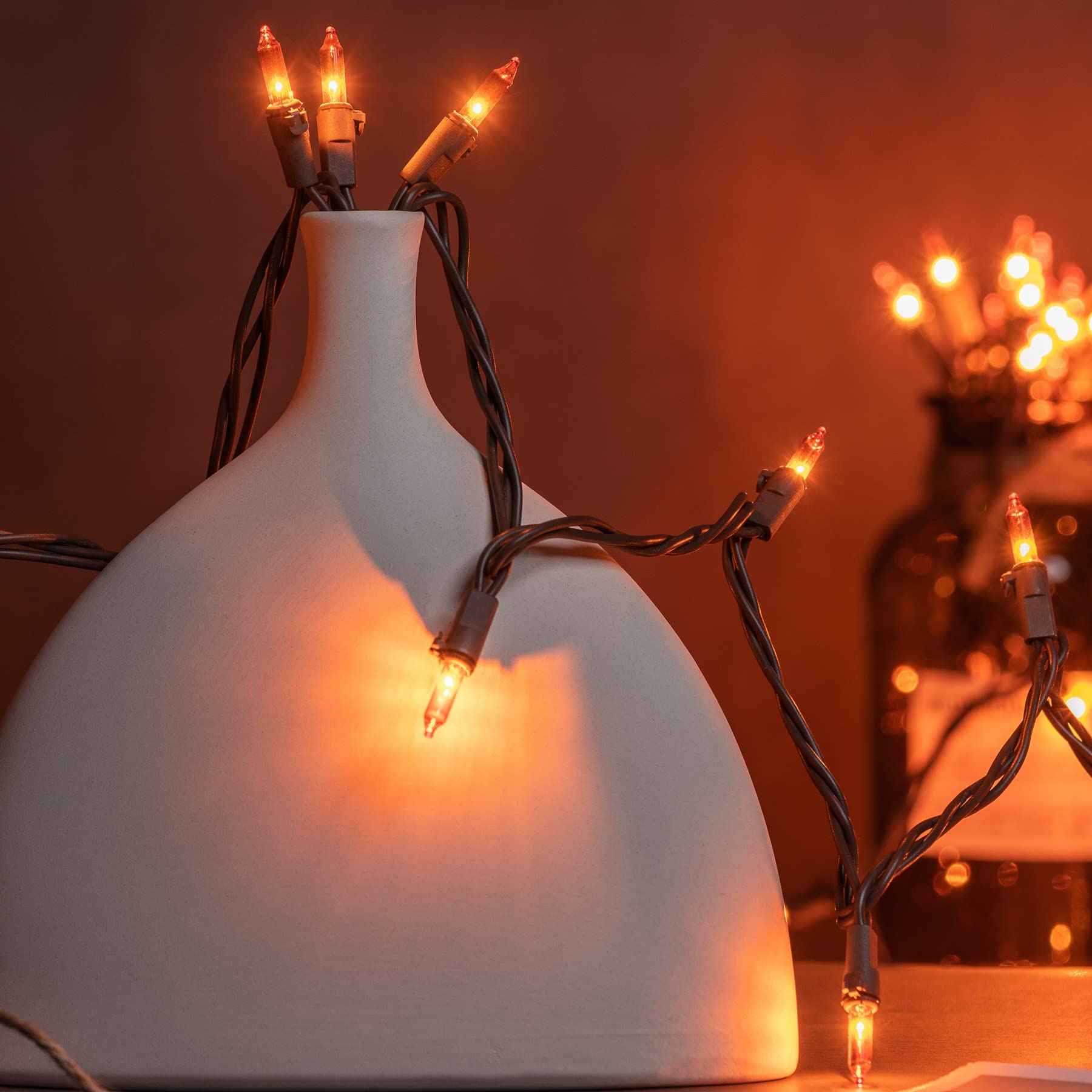 Yuletime 66 Ft Orange Christmas Lights, 200 Count Mini String Lights, Ul Certified, Amber Incandescent, Brown Wire, Pack Of 2