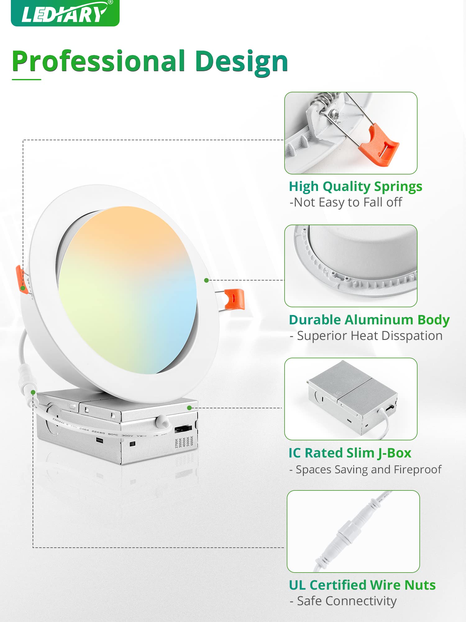 LEDIARY 6 Pack Gimbal LED Recessed Lighting 6 Inch, 5CCT Adjustable Recessed Light Slim Selectable 2700K-6000K,750LM Air Tight C