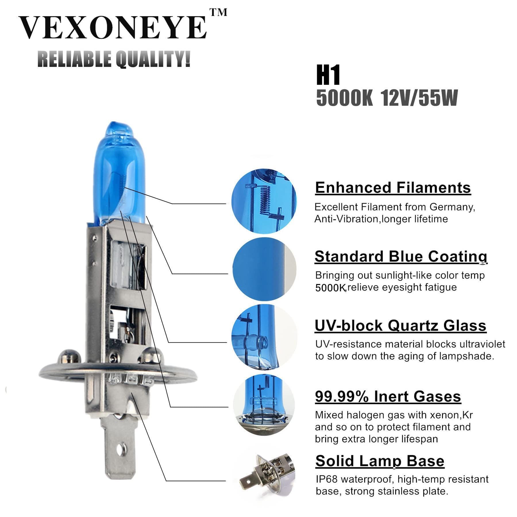 Vexoneye 4 Pack H1 Halogen Headlight Bulb/Fog Lights 12V 55W White 5000K 64150 12258 Light Bulbs Headlamp Super Bright 4 Pack