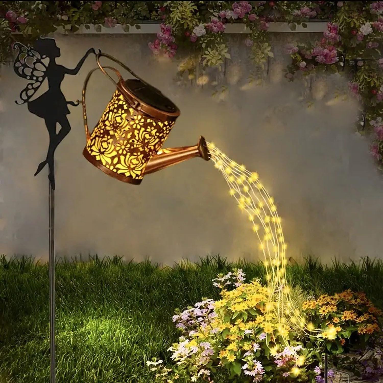 Fairy Garden Decor with Solar Watering Can, Solar Garden Lights Waterproof Hanging Lantern,LED Light String Retro Metal Water Po