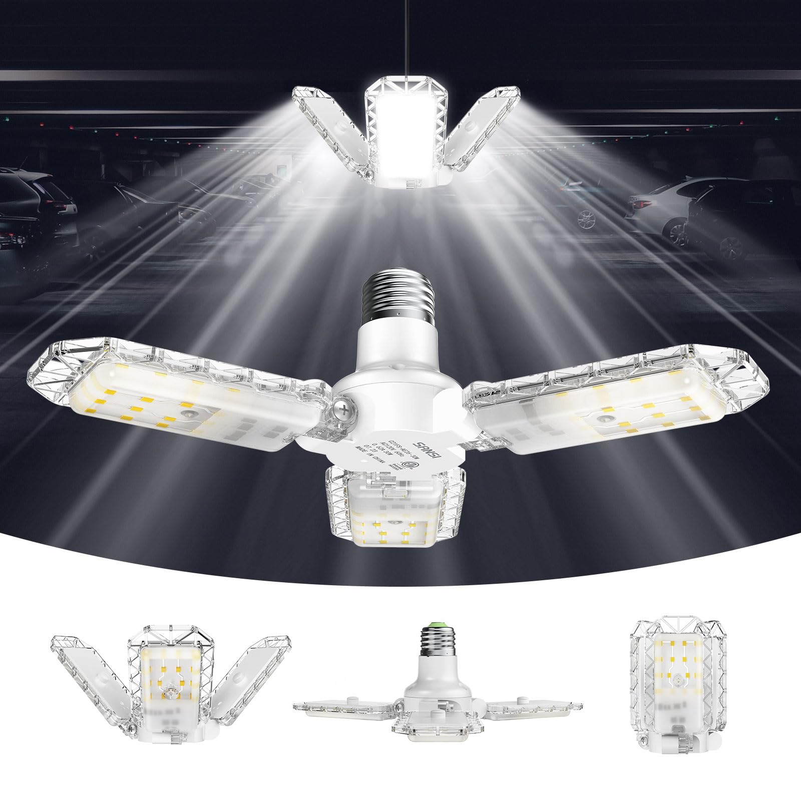 SANSI 3-Panel Deformable LED Garage Light, 300W Equivalent 30W, Garage Lights Ceiling Led,E26 Screw in Adjustable Shop Light wit