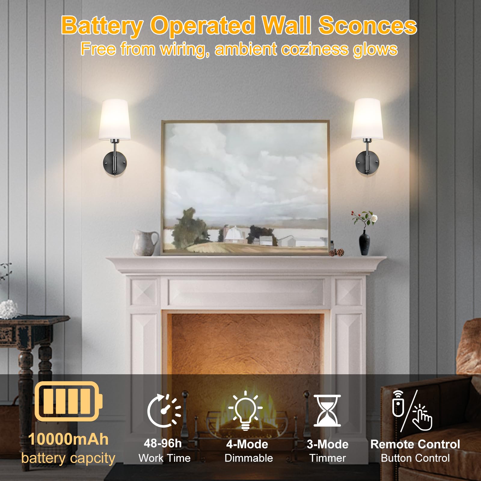 Onwecen Wireless Wall Sconces Set of Two, Dimmable, 10000mAh Battery, 13.8 inch, Black, Model SPU21-14-BK
