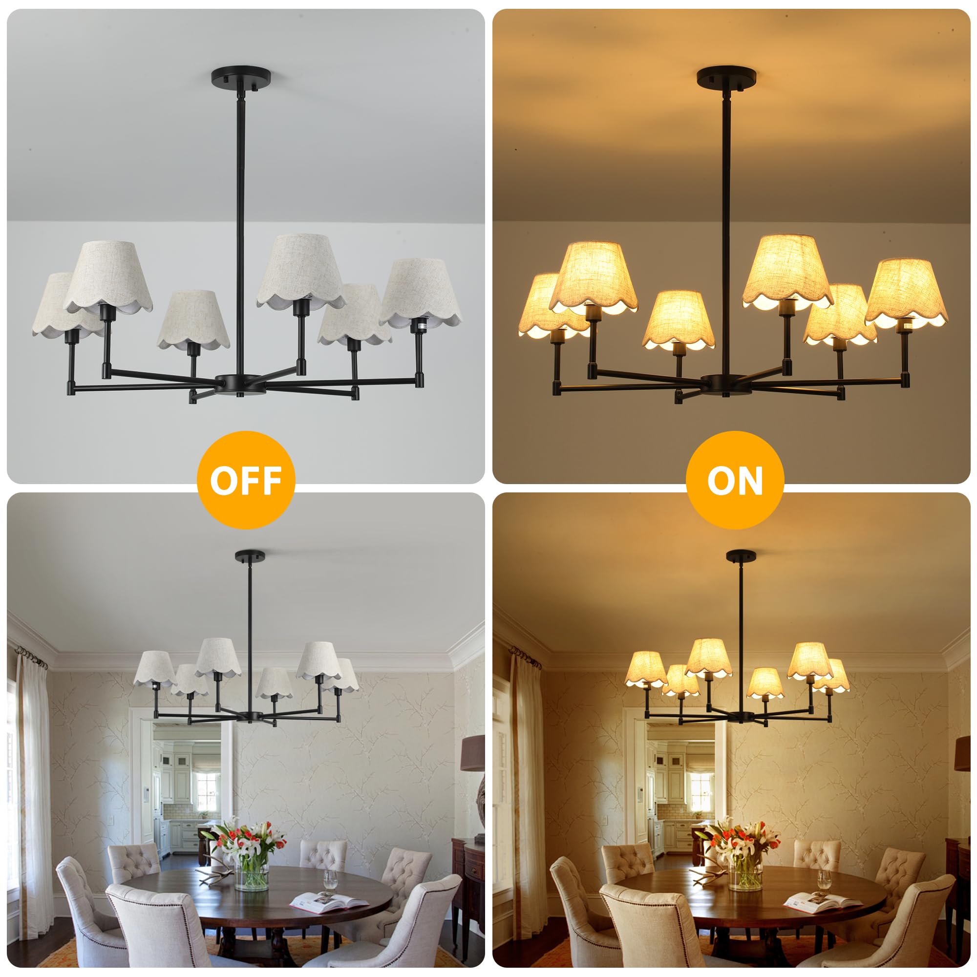 Zxfdwb 6-Light Black Chandelier With White Linen Shades  37.5Modern Pendant Light Fixture For Dining Room  E12 Base  Height Adjustable  Living Room Bedroom Hallway Ceiling Lighting