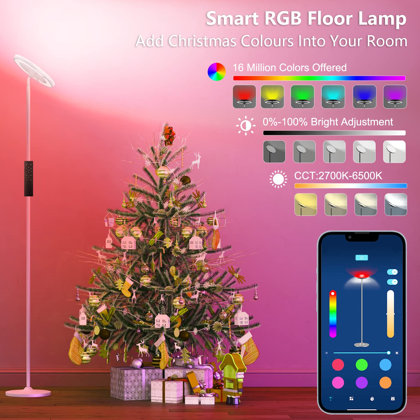 Keepsmile LED Floor Lamp with Remote, 36W 2600LM, Modern Multicolor Dimmable, White, Model KS.FF.A.024W.FC.001