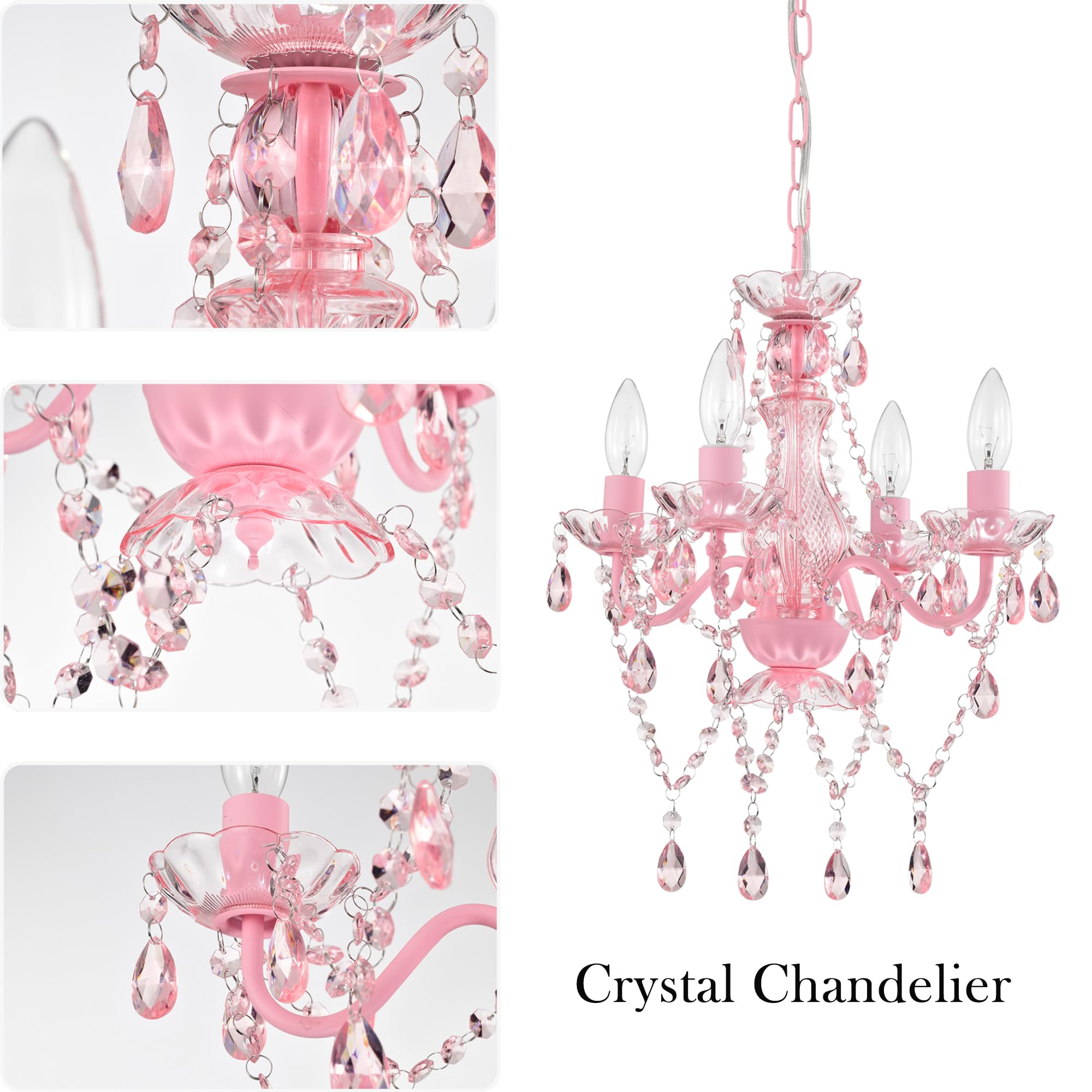 Alighting Pink Plug-In Chandelier, Small Crystal 4-Light Lighting For Girls' Bedroom