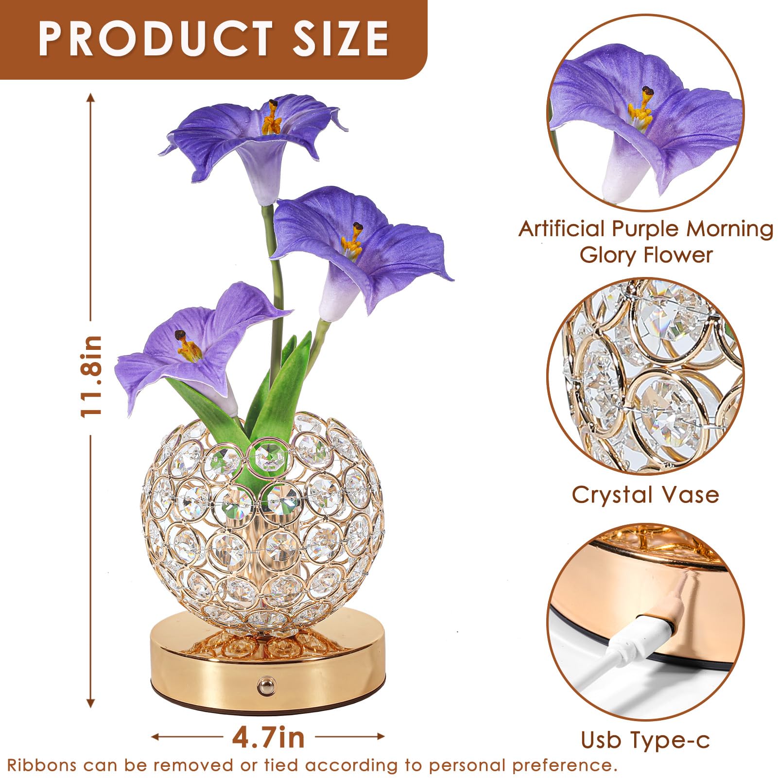 Lazzgan Morning Glory Flower Lamp - Rechargeable Touch Table Lamp, Dimmable LED, 4.72x8.26x9 inches, Purple, Model MGFL001