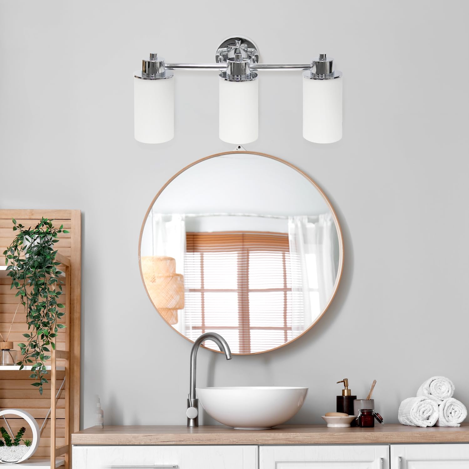 Simple Designs VT1024-CHR 20.75 Modern 3 Light Metal and Milk White Cylinder Shape Glass Shades with Circled Backplate Decorativ