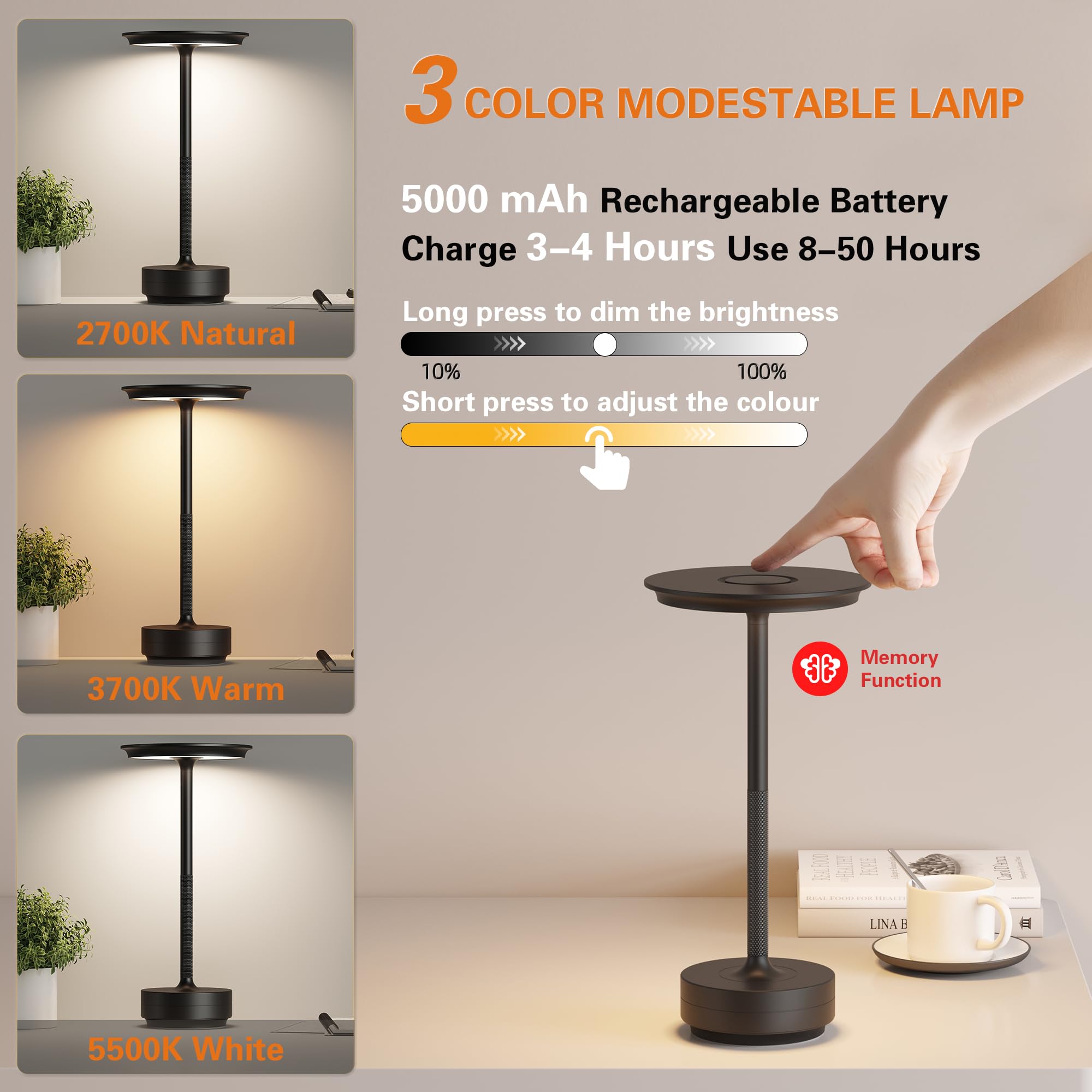 Ztflos Led Cordless Table Lamp,Rechargeable Battery Operated 3 Levels Brightness With Memory Function Ip54 Waterproof Portable L