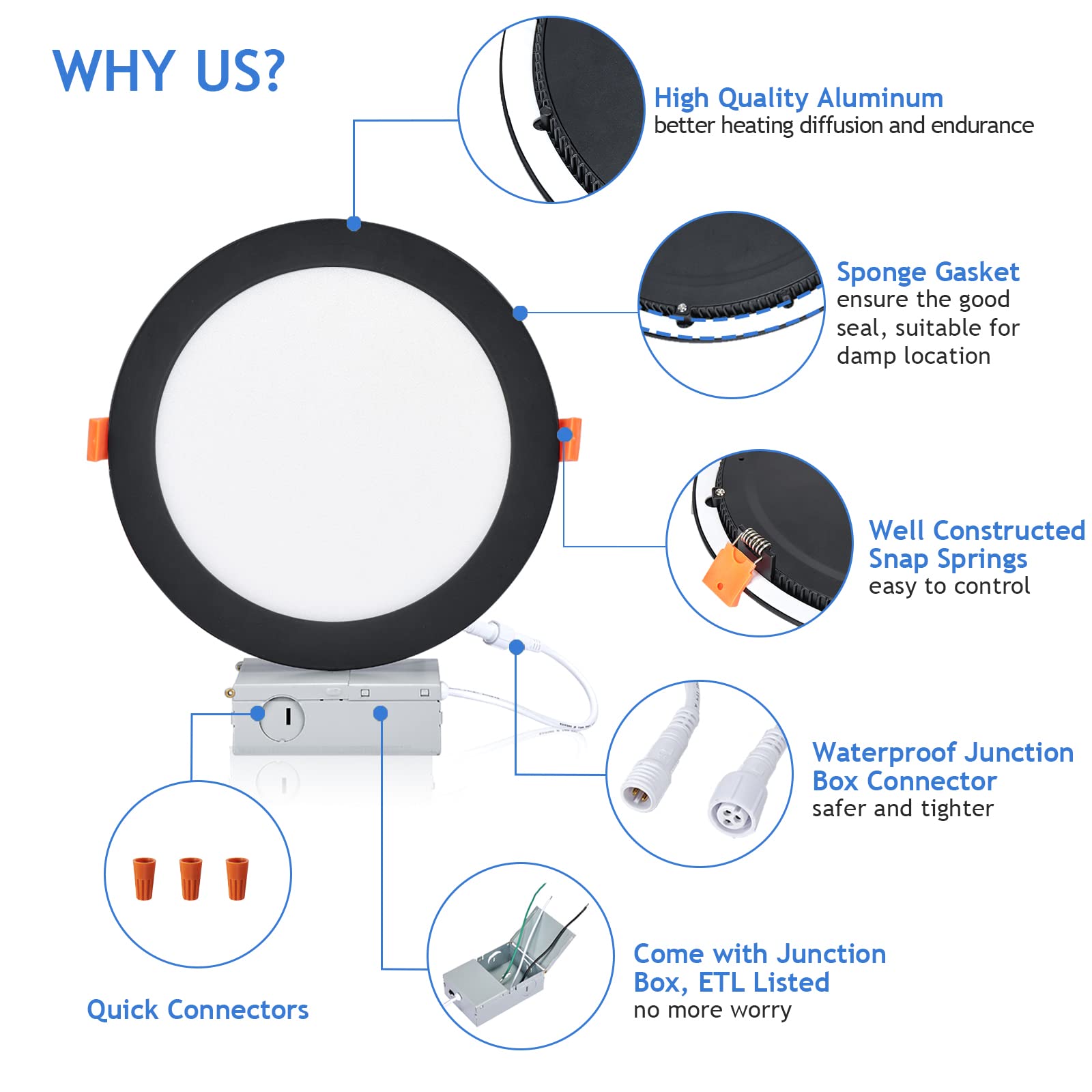 Pelogona 8 Inch Led Recessed Light Canless, Dimmable & 3 Color Temperature Selectable, 18W, Bright 1600Lm, 120V, Ic Rated, Etl, Black, 12 Pack