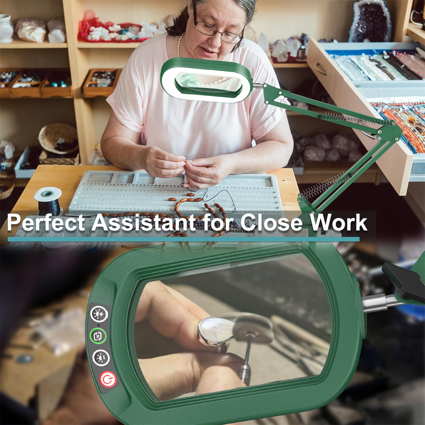 IVMAIE 10X Magnifying Glass with Light, Stepless Dimmable, Clamp Desk Lamp, Metal, Green, Model JZ602