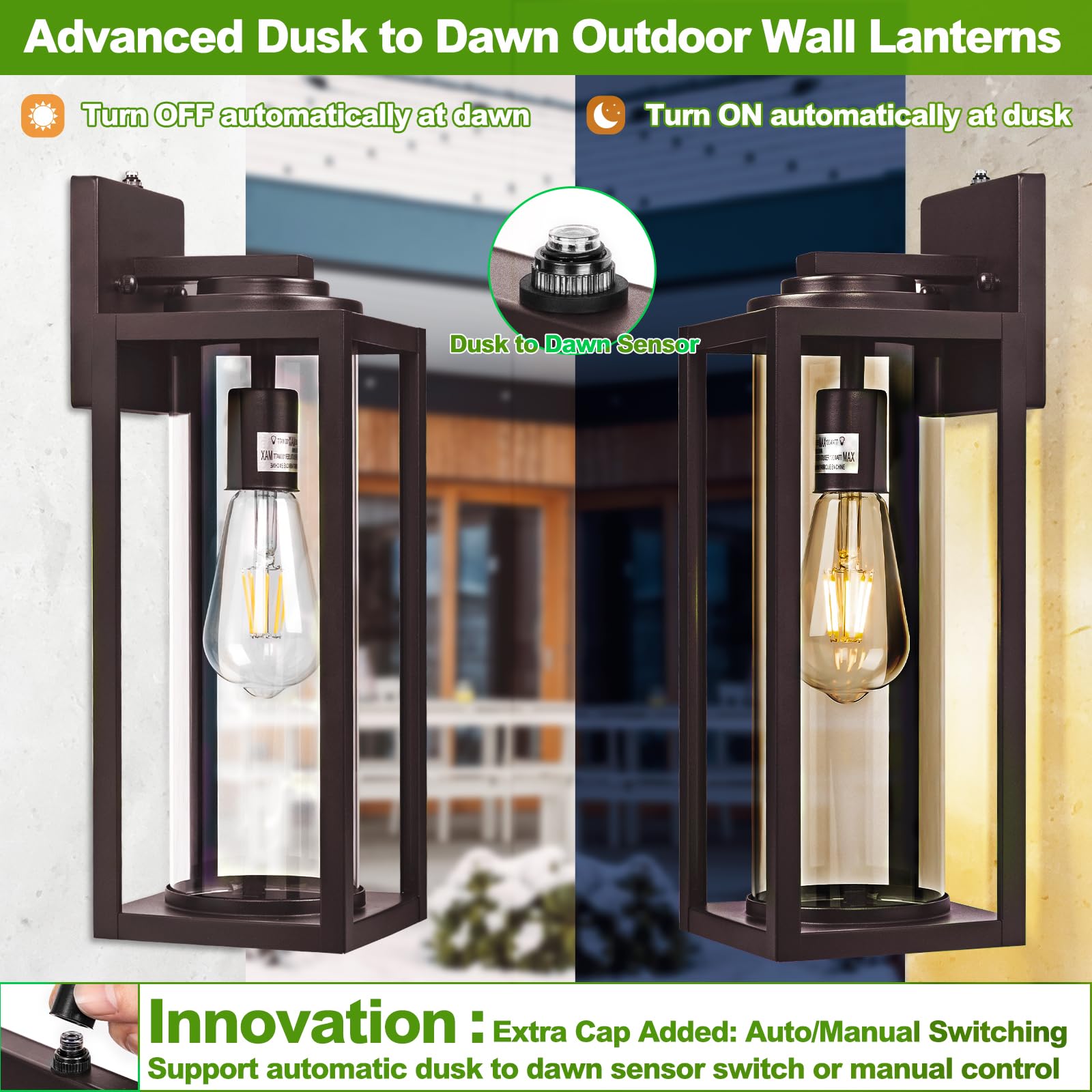 Oil Rubbed Bronze Dusk To Dawn Outdoor Wall Light Fixtures - 2 Packs Exterior Waterproof Outdoor Lighting, Farmhouse Porch Sconc