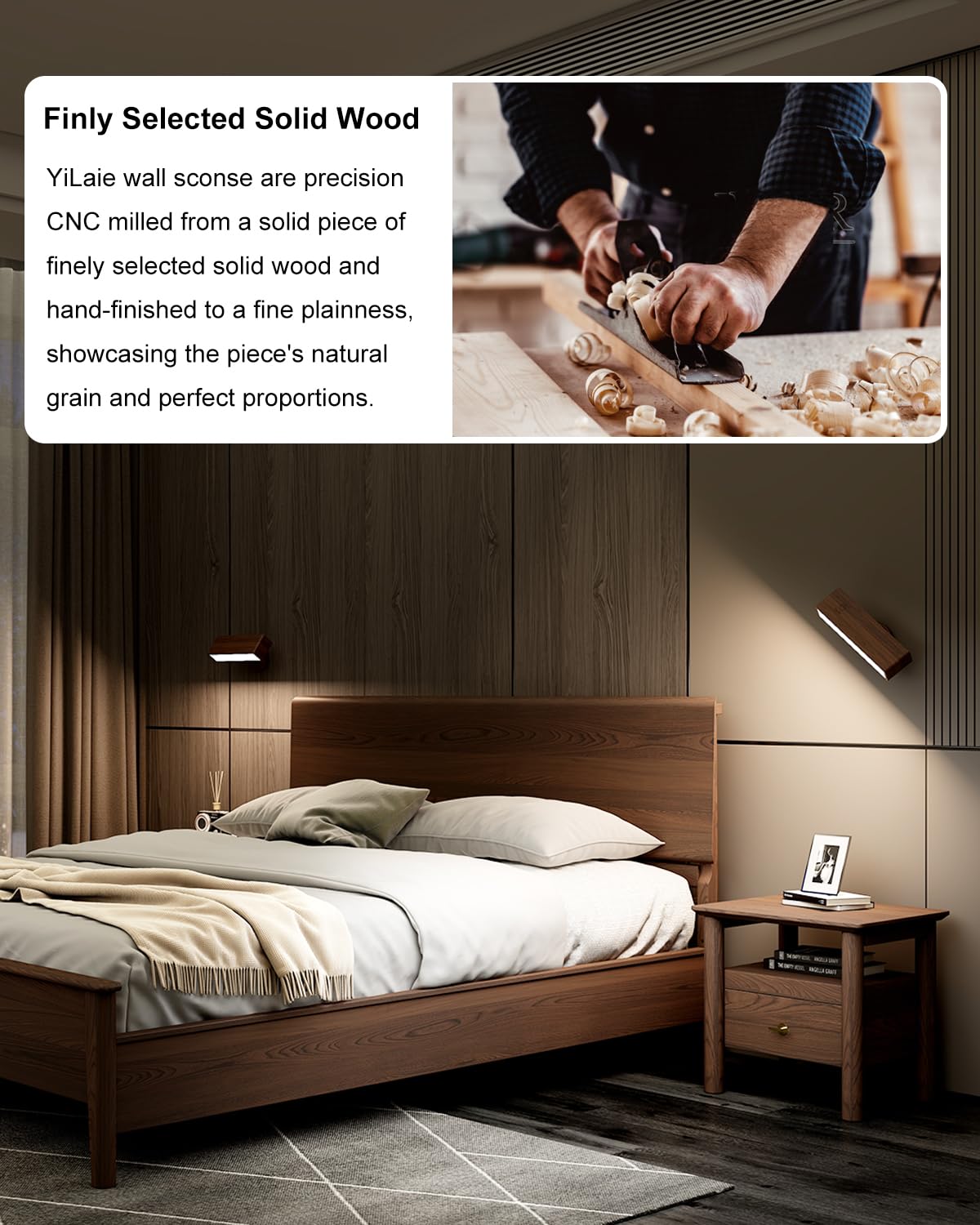 Yilaie Wall Sconces Battery Operated Set Of 2,Rechargeable Wall Sconce For Bedroom,Wireless Wall Lights Dimmable,Wood Wall Light