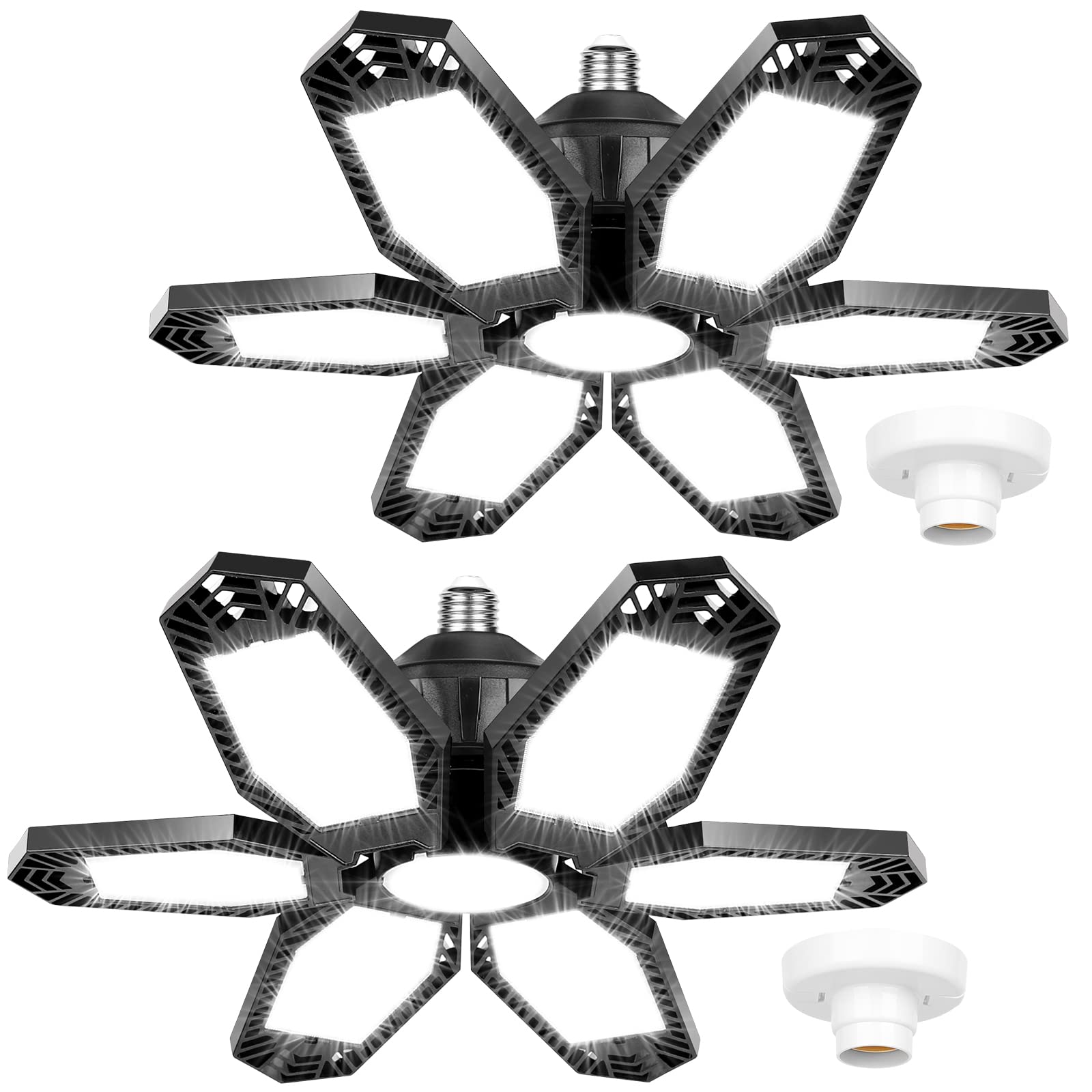 2 Pack LED Garage Lights, Deformable LED Garage Ceiling Light Deformable Light with 6 Adjustable Panels for Garage Workshop Base