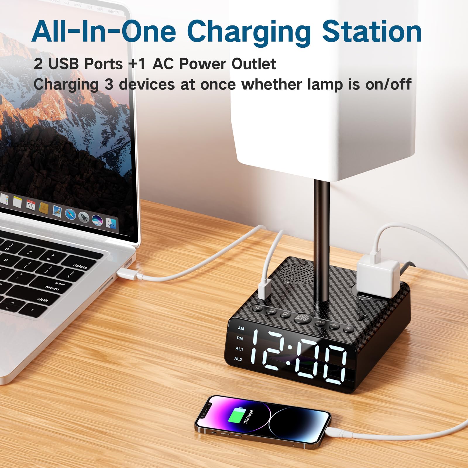 Btu Table Lamp With Usb Ports And Ac Power Outlets, Bedside Lamp With Alarm Clock Base And Speaker, 6Ft Extension Cord, Hexagona