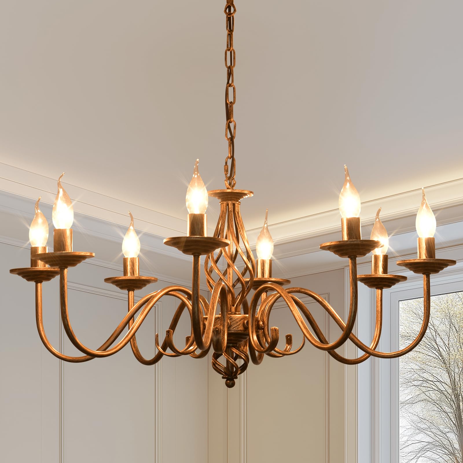 Ganeed Rustic 8-Light Chandeliers, Antique Bronze Candle French Country Chandelier, Vintage Iron Pendant Hanging Ceiling Light F