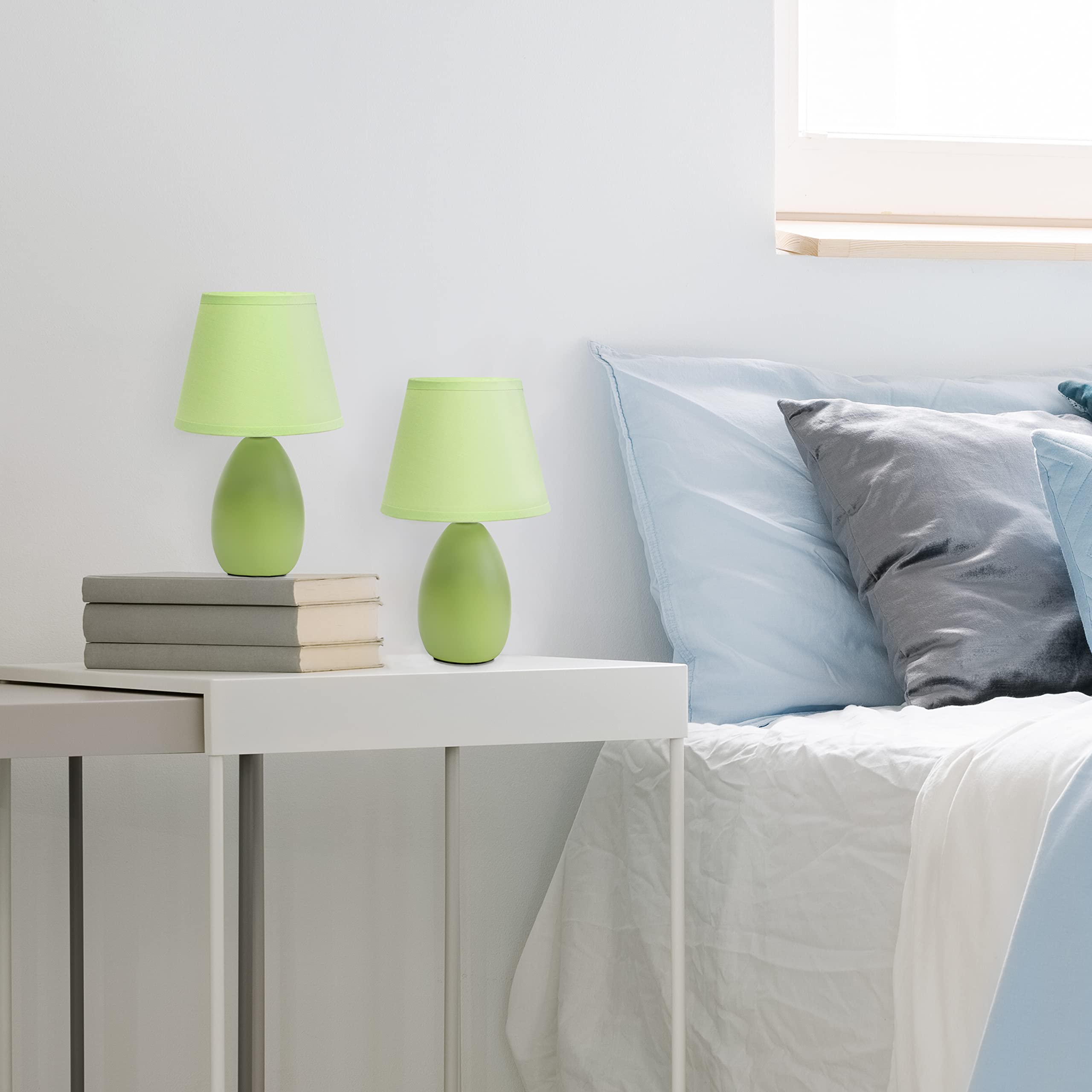 Simple Designs LT2009-GRN-2PK Mini Oval Egg Ceramic Bedside Table Lamp 2 Pack Set  Green