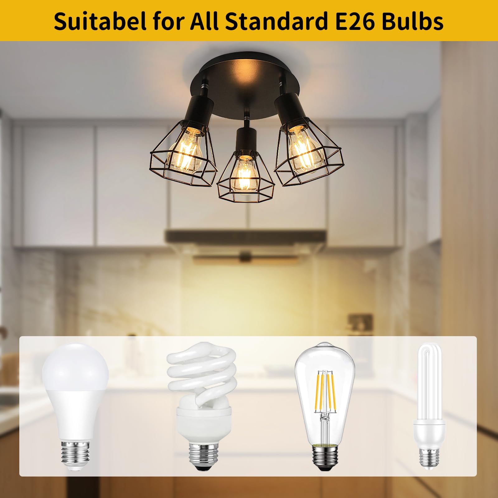 Hibay Led Track Lighting Fixtures, 3-Light Adjustable Directional Ceiling Light, Black Geometric Metal Cage Industrial Spotlight