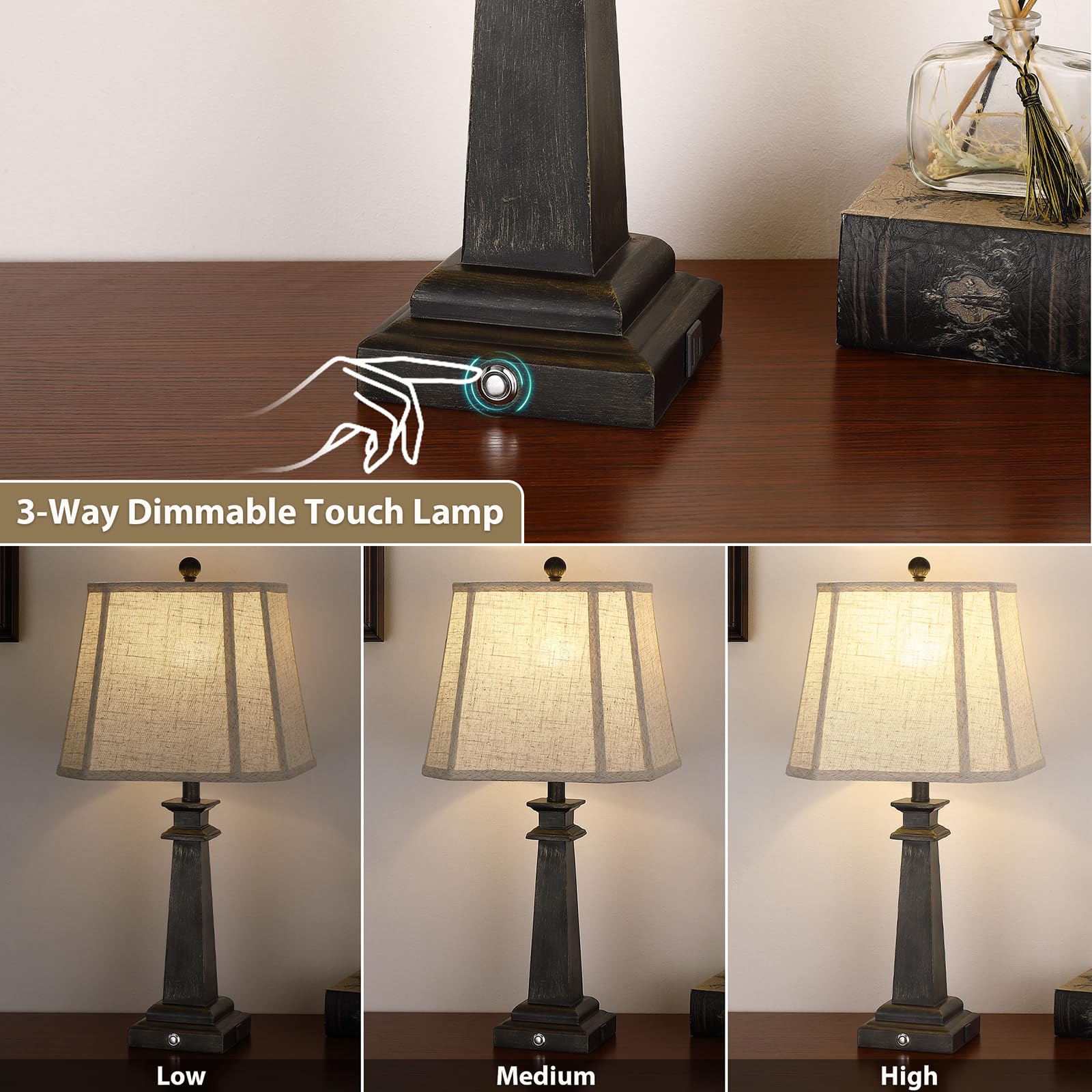 Hapcrea 27.5 Table Lamps Set Of 2, 3-Way Dimmable Touch Lamps For Nightstand, Farmhouse Table Lamp For Living Room And Bedroom W