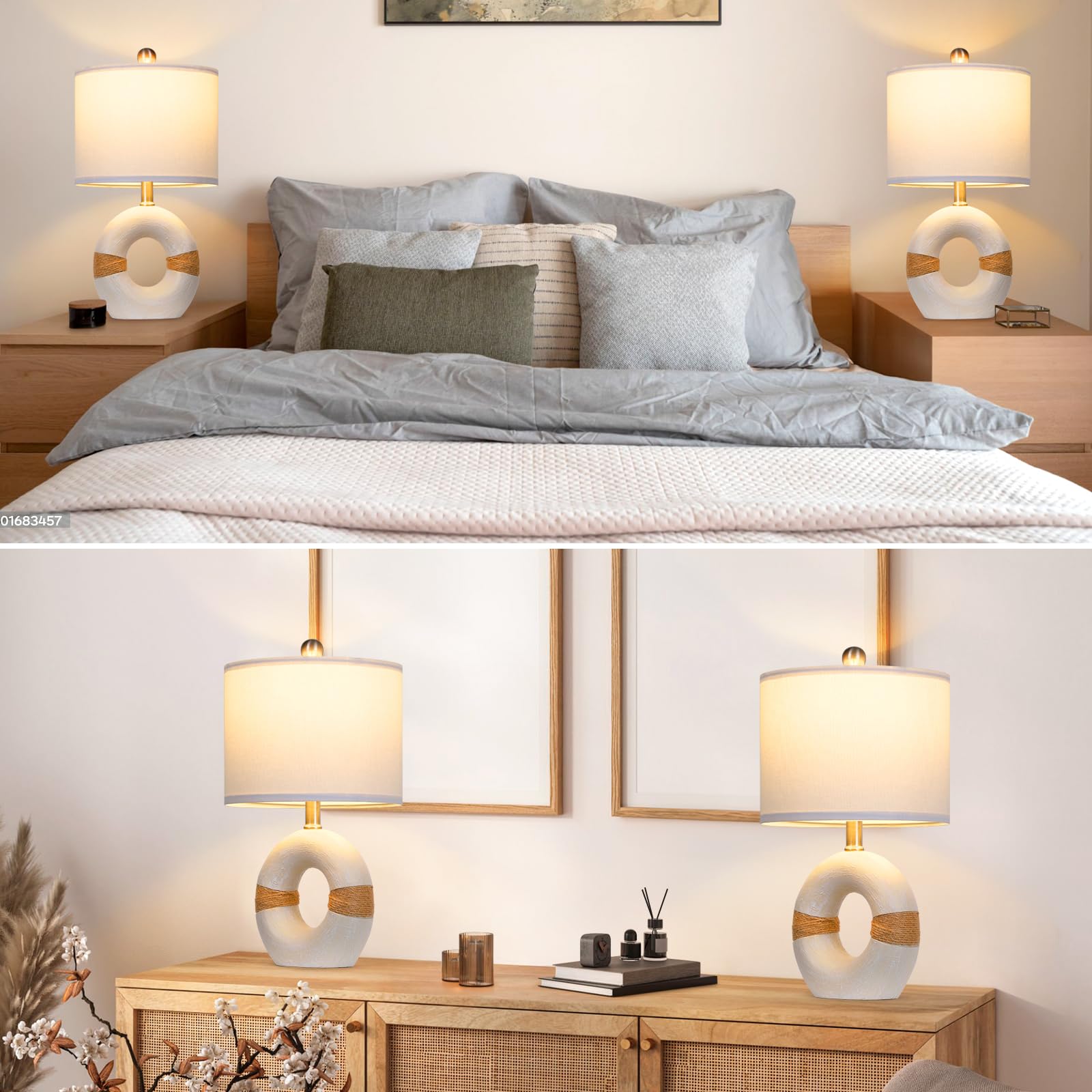 Cinkeda Boho Rattan Table Lamps Set Of 2, Cream Farmhouse Nightstand Lamps With Bulbs