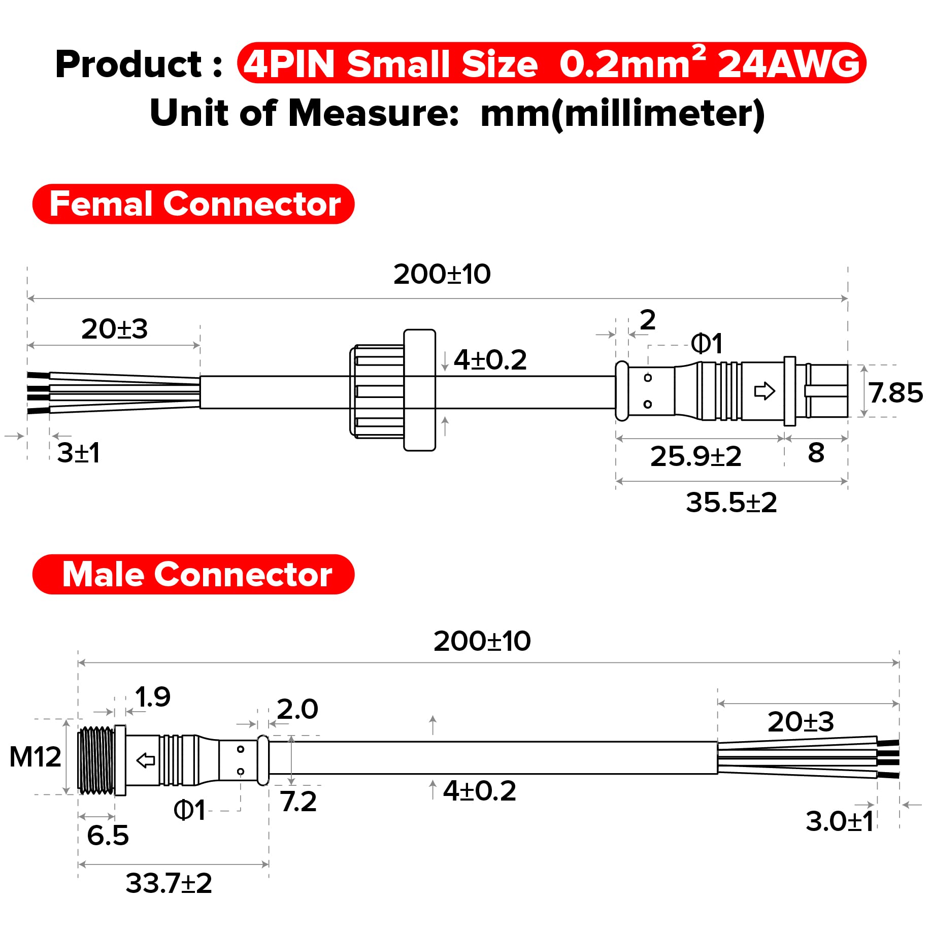 Hysmigor 4 Pin Electrical Connector 24AWG IP65, 20cm Extension Cable for Car/Truck/Boat, Small Size, 3 Pairs