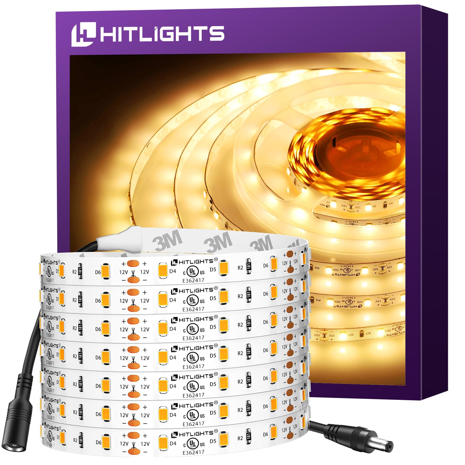 HitLights LED Strip Lights, 16.4ft Warm White 3000K, 300 LEDs, Dimmable, UL-Listed, Model L0512V-301-1630-U