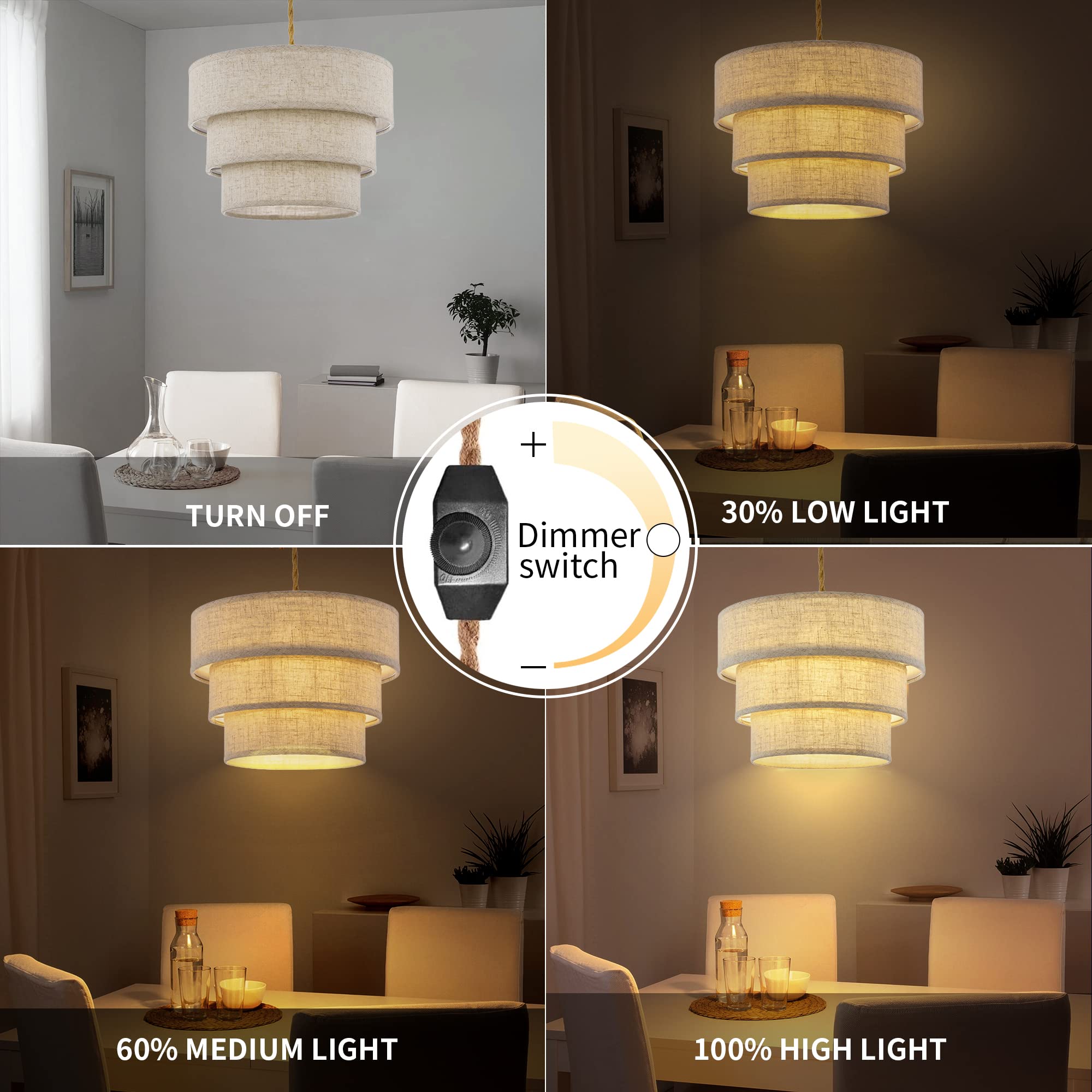 XININSUN 3-Tier Pendant Light with 15ft Hemp Rope Cord, E26 Dimmer Switch, Glass, Brown, Model 002