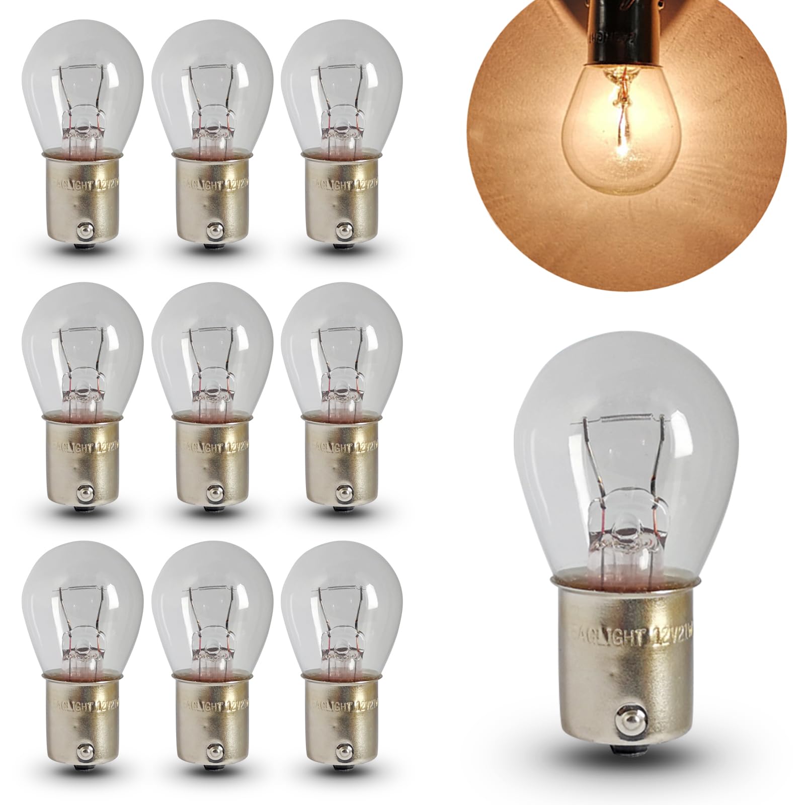 Tesnaao 10 PCS Car 1156 Turn Signal Light, 12V 21W Halogen Bulb Replacement, BA15S, Waterproof, White