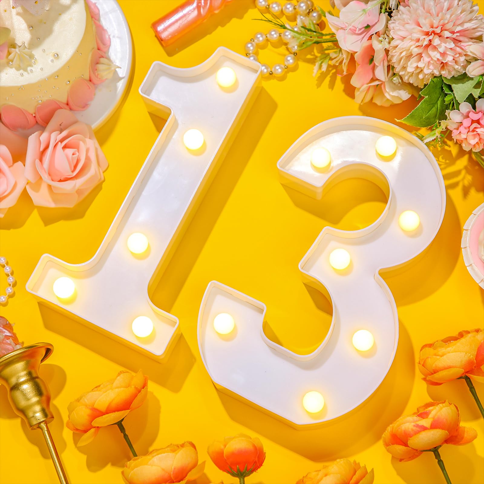 Treela LED Number Sign, 8.7in  Glitter Marquee for Birthday Party, 13th Size, White, Model JR-Treela-4356