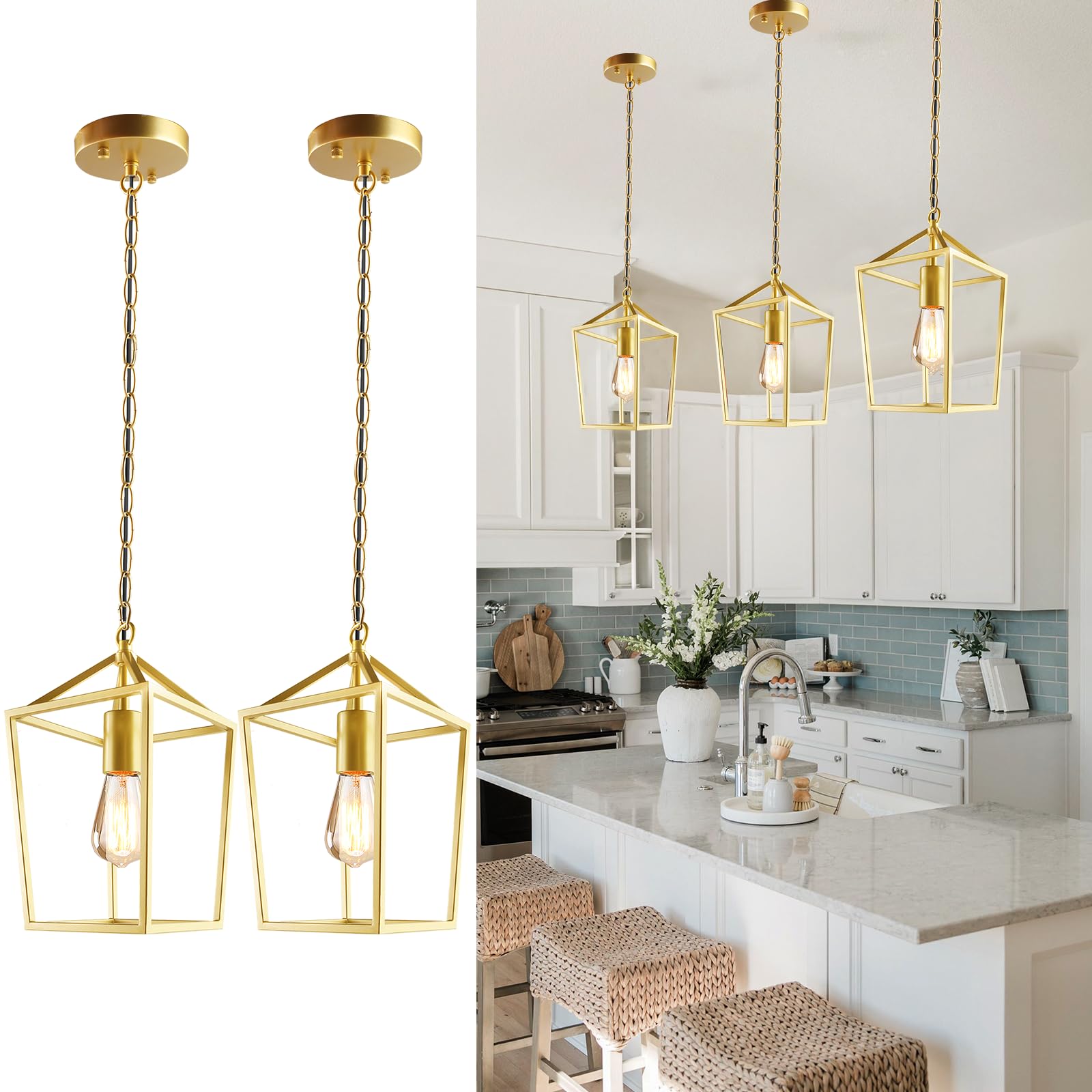 Sheetea 2-Pack Gold Pendant Lights Kitchen Island, Modern Mid Century Light Fixtures Hanging Lamp For Kitchen, Farmhouse Kitchen